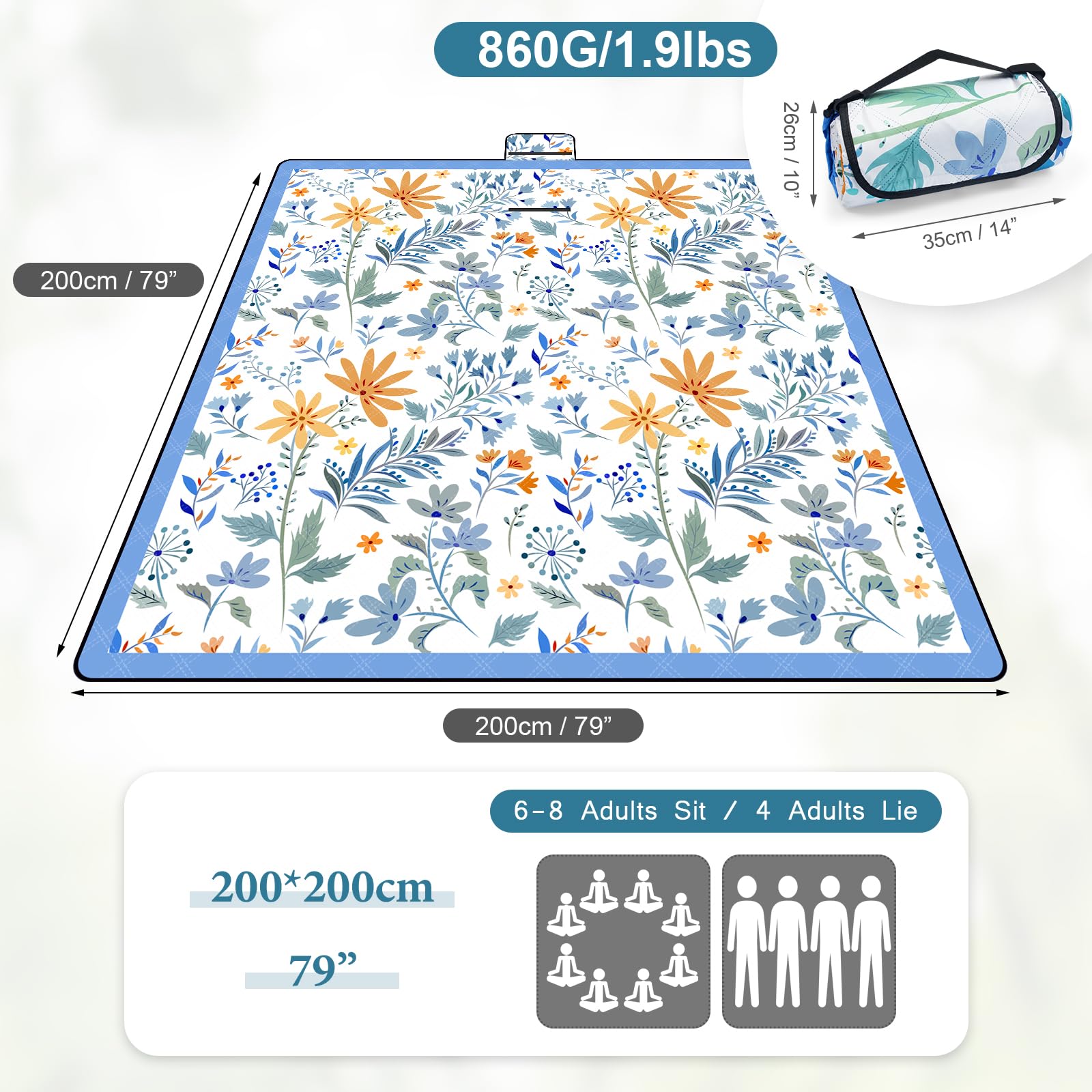 DEWUR Couverture de Pique-Nique imperméable Lavable Couverture de Plage Sandfrei XXL Couverture de Camping Tapis de Plage isolé avec Dessous imperméable (Blanc avec des Fleurs, 200 x 200 cm)