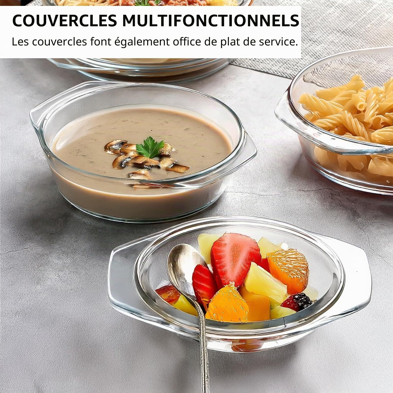 Lot de 3 Cocottes Rondes en Verre avec Couvercle, 0,7 L / 1,5 L / 2 L, Plats à Gratin en Verre Borosilicaté Transparent, Résistants au Four et au Lave-Vaisselle, pour Cuisson, Service et Conservation