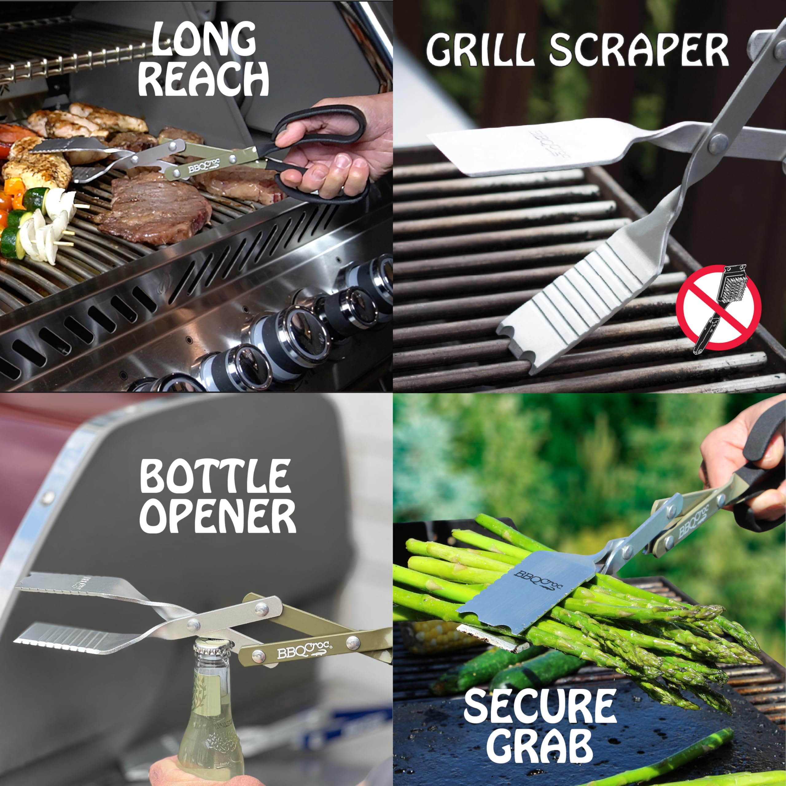 BBQ Croc 3 in 1 Barbecue Tool 15-inch - Extra Light Tongs, Spatula and Grill Scraper (Green)