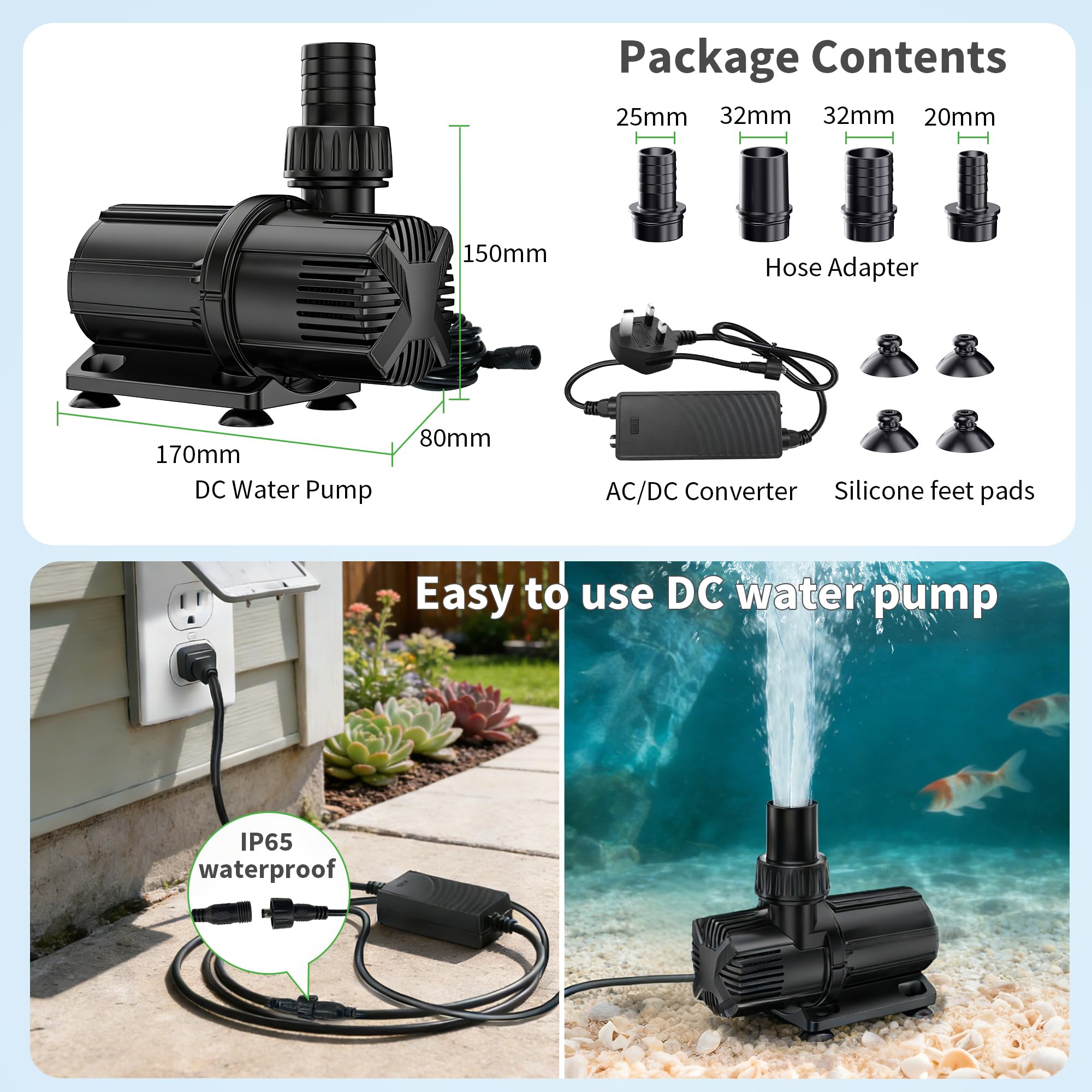 POPOSOAP Pompe de bassin 6000 L/H, pompe de fontaine silencieuse 24 V basse tension avec convertisseur AC/DC, 4 adaptateurs de tuyau pour étangs de jardin, aquariums, fontaines, caractéristiques