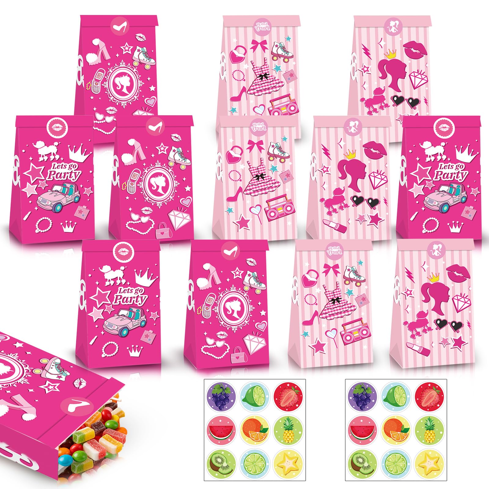 Henbrui 12Pcs Pink Princess Party Bags Paper Gift Bag for Kids Party,Kraft Sweet Goodie Treats Candy Bag with 18 Stickers,Small Gift Bags for Girls Kids Birthday Princess Theme Parties Favour-Bag