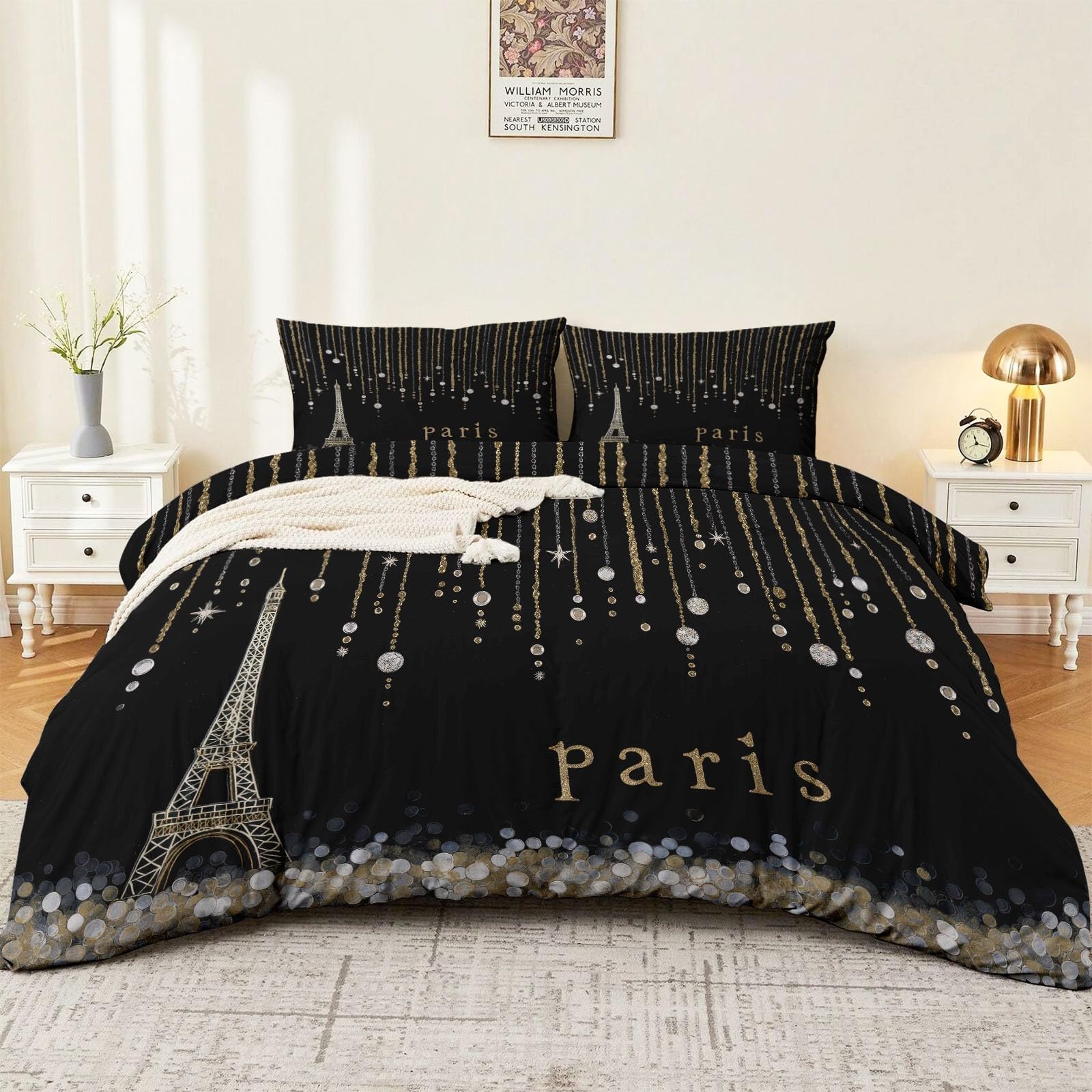 Housse de couette 140x200 Tour Eiffel dorée avec taie d'oreiller pour lit enfant et ado