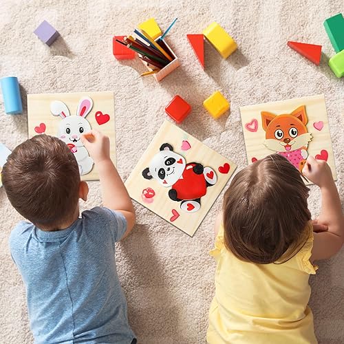 Miniatura 6 de JarThenaAMCS 6 rompecabezas de madera para el día de San Valentín para niños, rompecabezas de corazón, panda, conejo, oso, animal, 6 diseños,