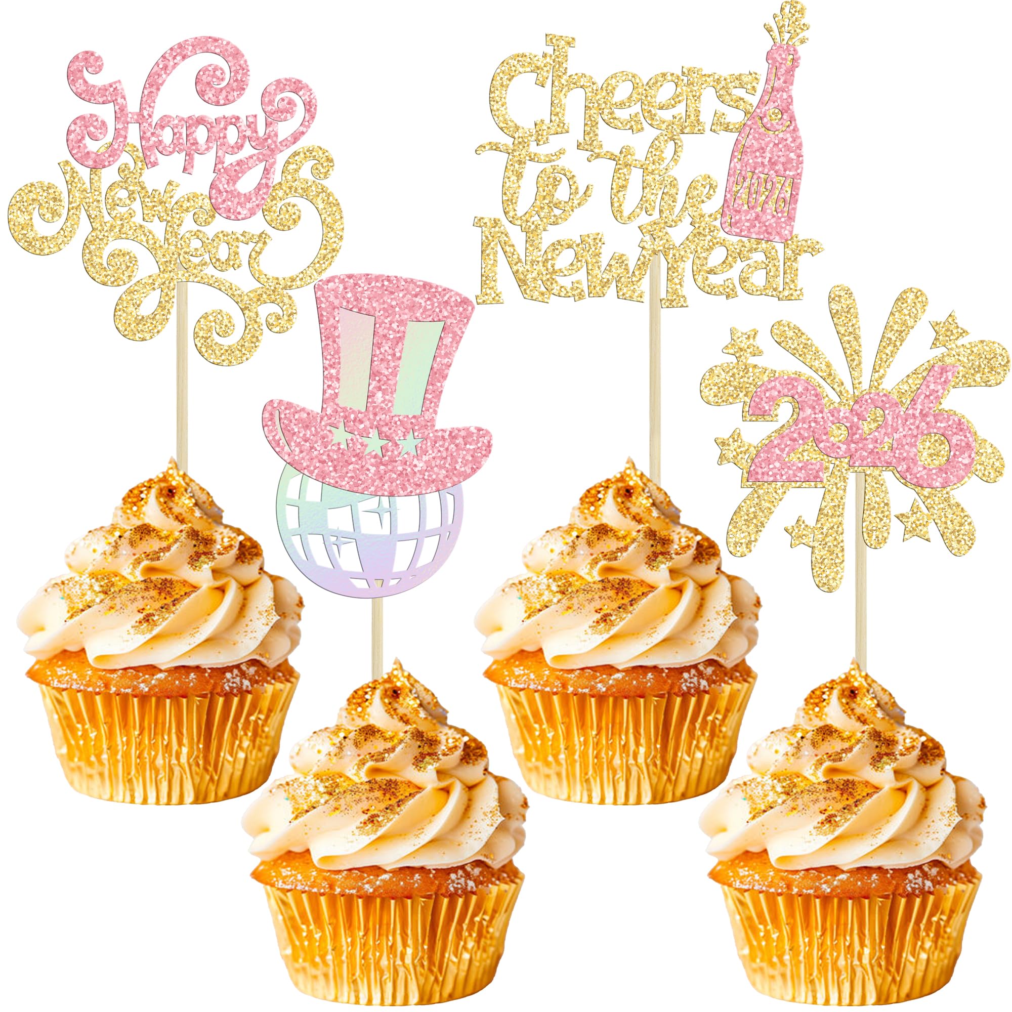 Ephlyn 24Pcs 2026 Happy New Year Cupcake Toppers Glitter Fireworks Cheers to 2026 Cupcake Picks for Welcome 2026 Happy New Year Theme Holiday Party Cake Decorations Supplies Gold