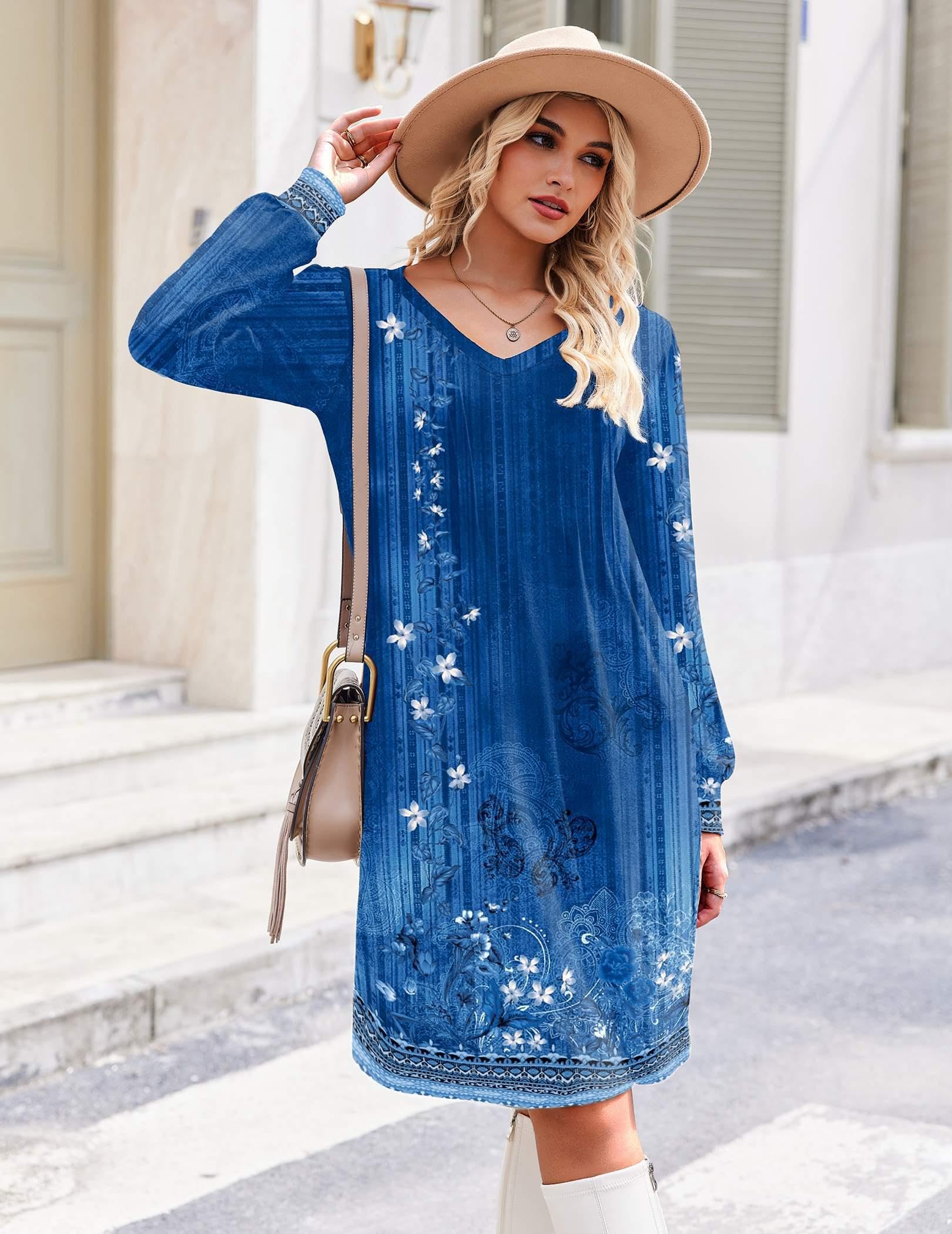 Zeagoo Fall Dresses for Women Long Sleeve Casual Pleated V Neck Dress 2025 A Line Tunic Dress