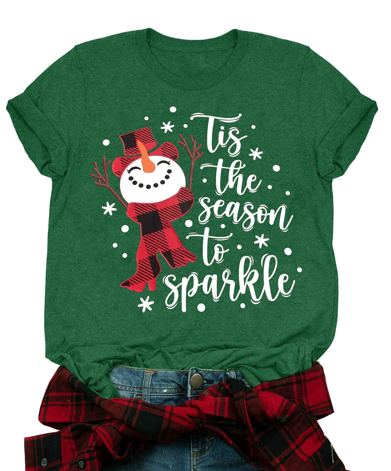 FBPQJYWChristmas Shirts for Women Tis The Season to Sparkle Shirt Christmas Snowman Graphic Tees Xmas Tee Tops