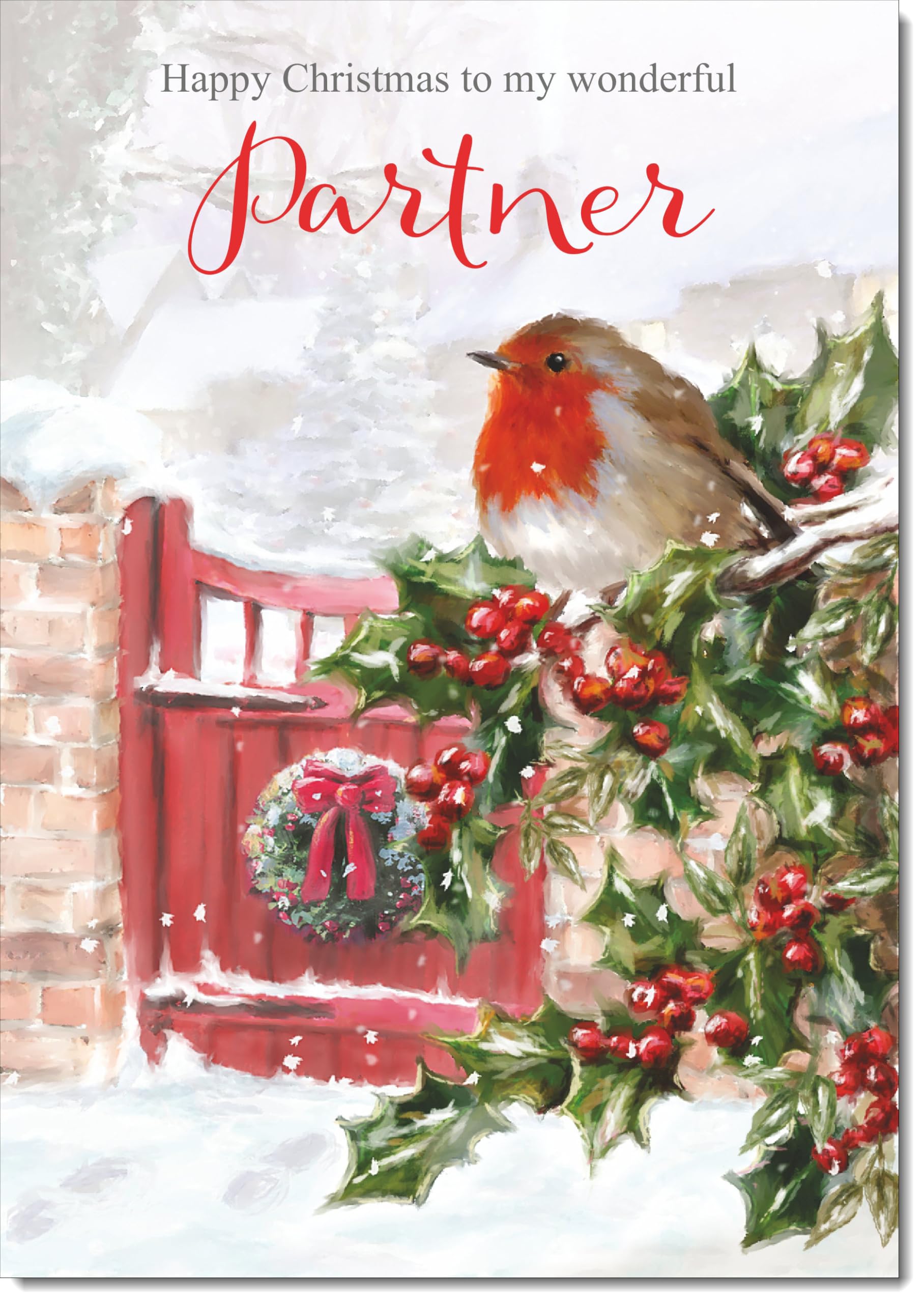doodlecards Partner Christmas Card Robin on Holly Tree Large A4 Size Christmas Card for Partner with Plain Envelope — image 1