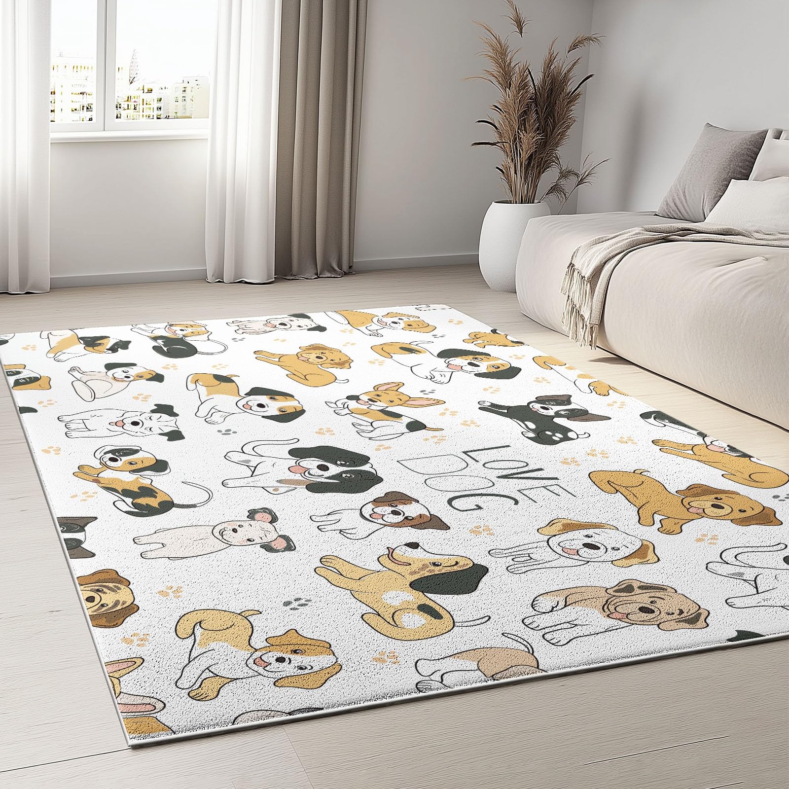 Tapis géométrique chien gris jaune 160x230 cm pour salon et chambre d'enfant