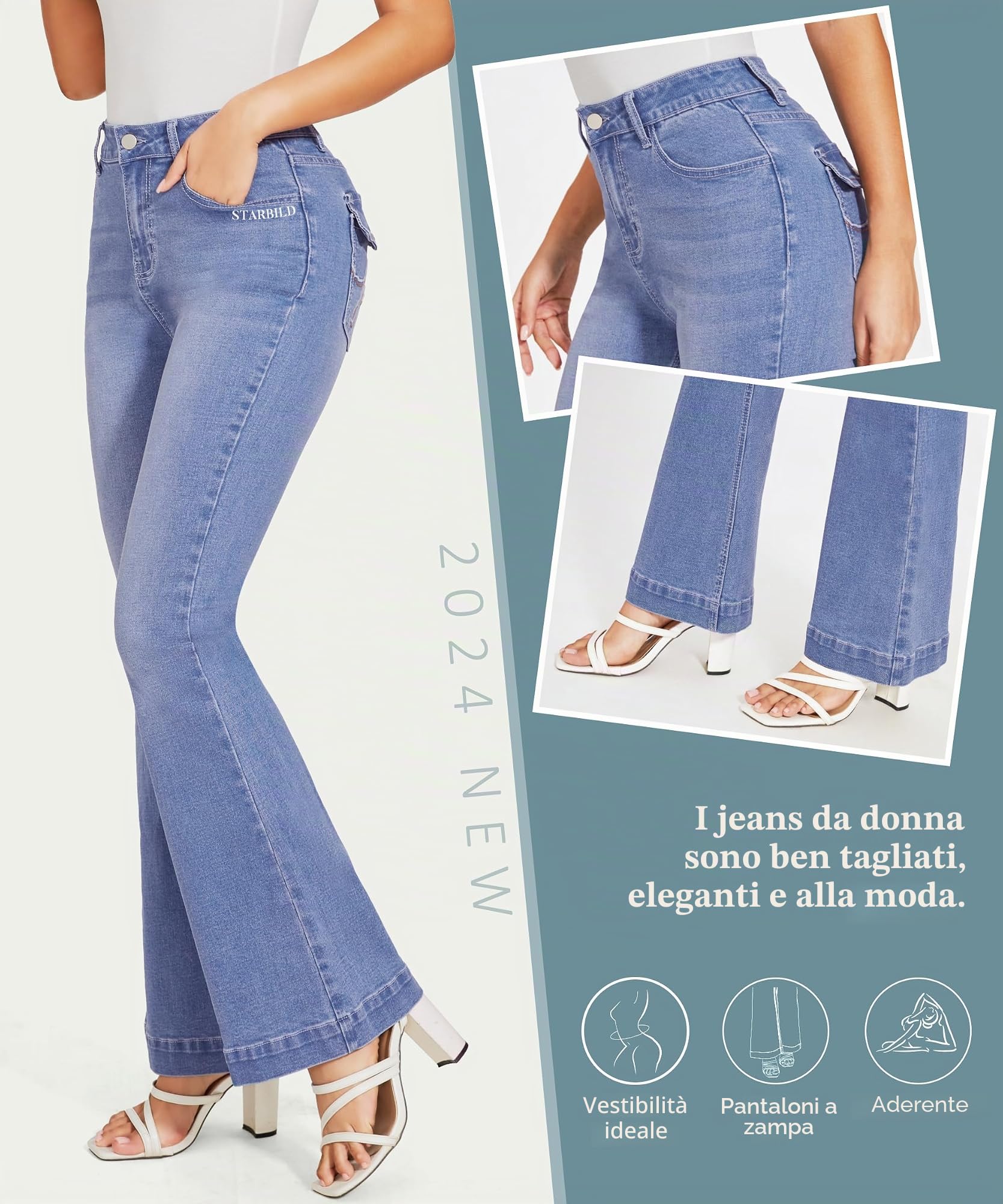 STARBILD Flared Fit Jeans con Tasche Bootcut Donna, High Rise Pantaloni Vita Alta Leggings a Zampa