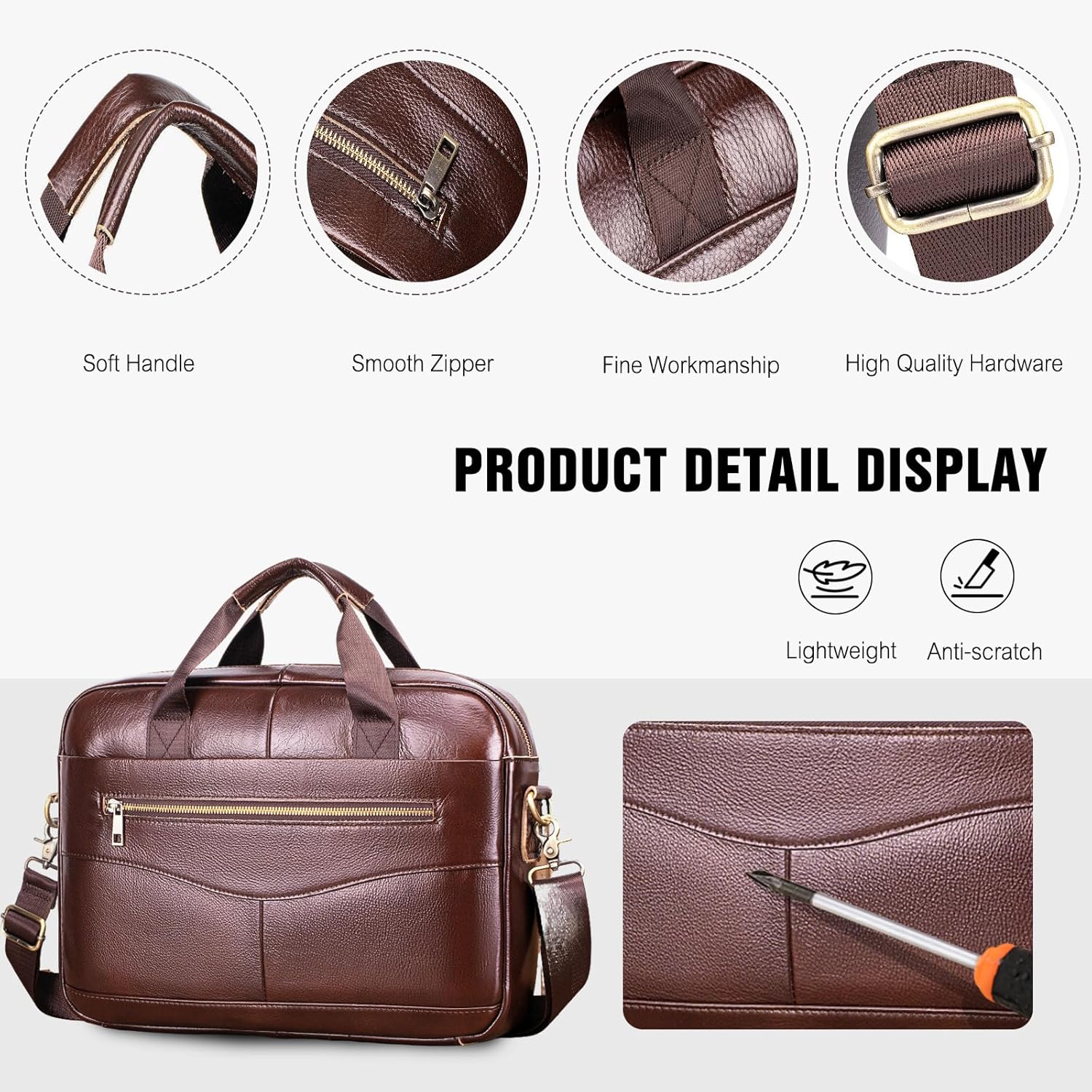 FANDARE Retro Leather Briefcase Mens Laptop Crossbody Shoulder Messenger Business Bag
