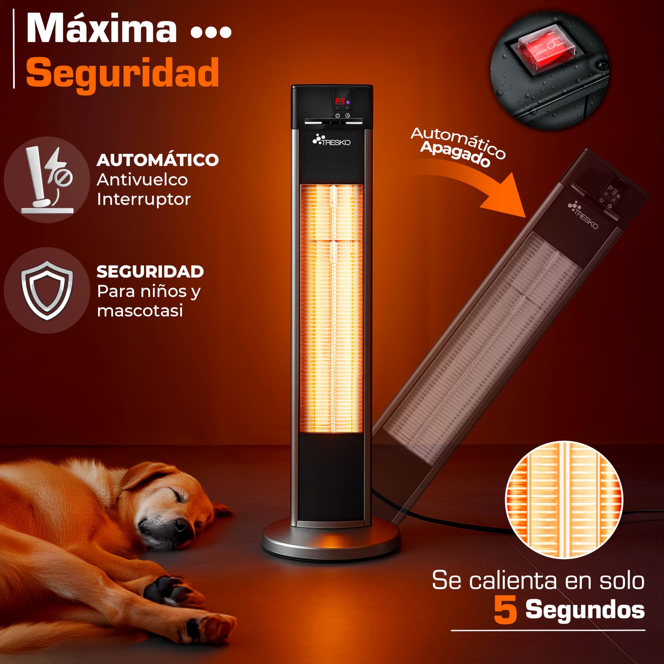 TRESKO Calefactor por Infrarrojos para Terraza | 2000W + Control Remoto | Estufa Radiante con 3 Temperaturas | Radiador Eléctrico para Exterior e Interior | Calentador con Pantalla LED