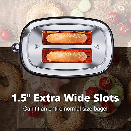 Vista 12 de Tostadora de ranura larga de 2 rebanadas, funciones de descongelación de recalentamiento de cancelación, bandeja extraíble para migas, 6 ajustes