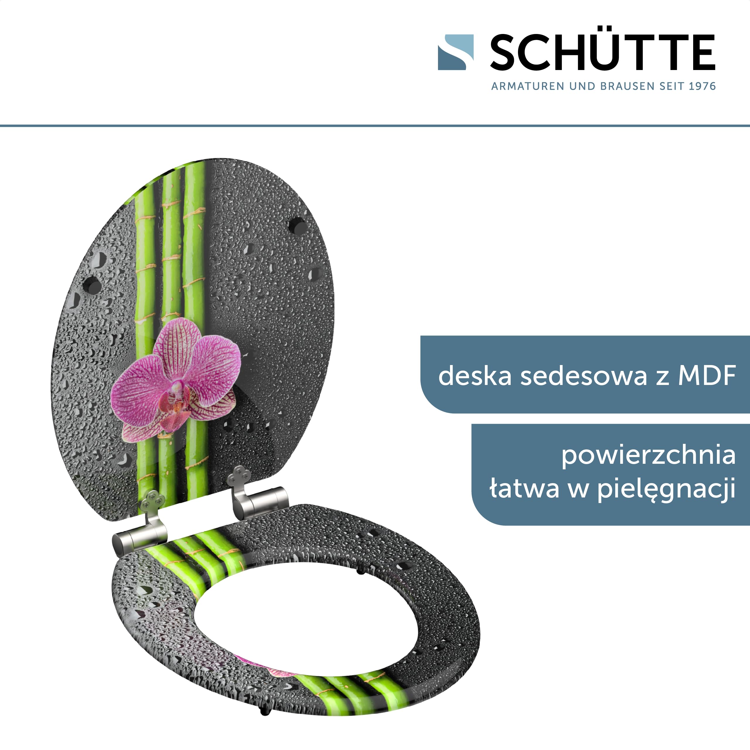 SCHÜTTE deska sedesowa drewniana ASIA, deska sedesowa z mechanizmem cichego domykania, pasuje do wielu standardowych misek WC, maks. obciążenie deski 150 kg, motyw orchidei 80121
