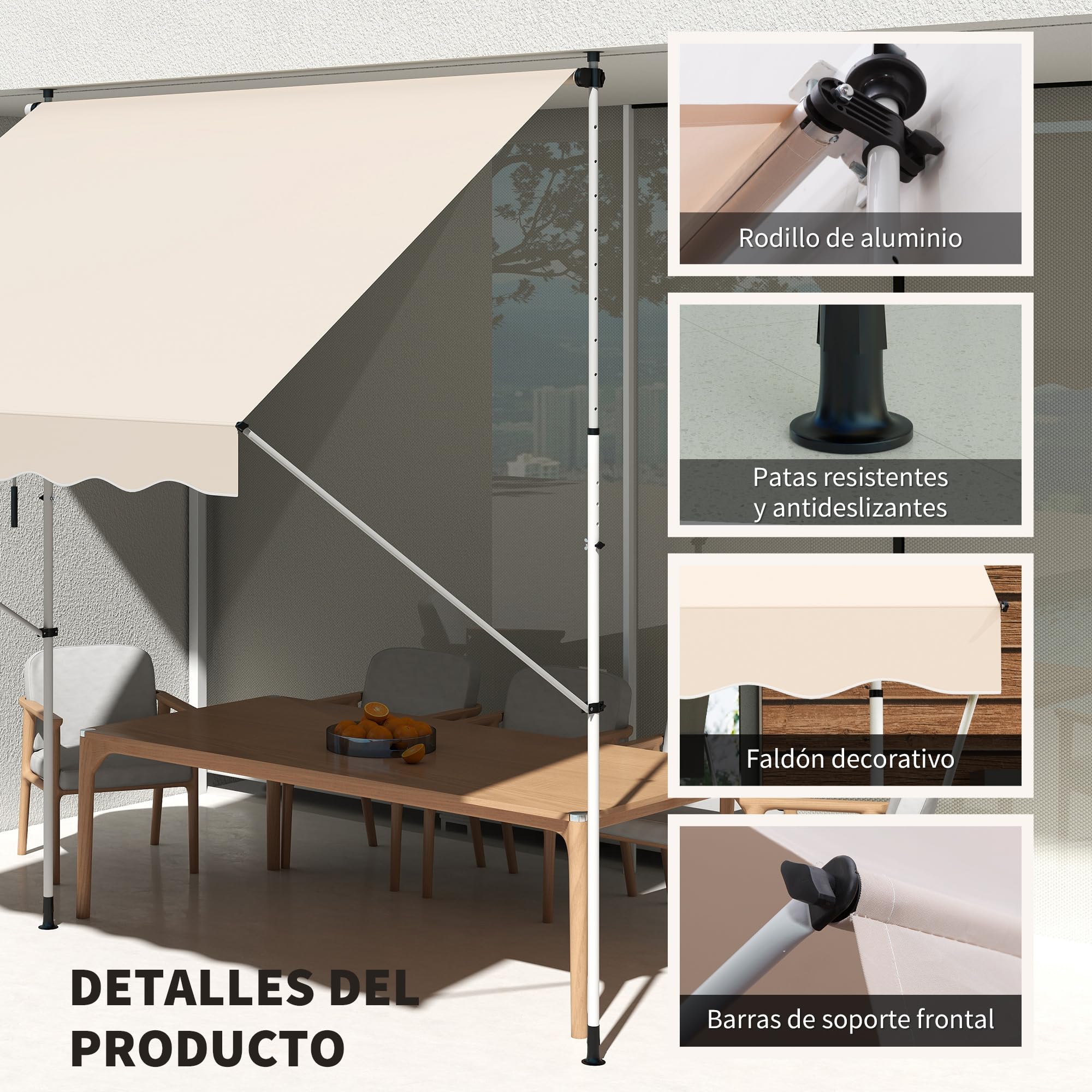 Outsunny Toldo Manual Retráctil 3x1,5 m, Toldo Exterior Terraza Enrollable, Altura Ajustable 170-280 cm, con Manivela, Anti-UV e Impermeable, Sin Taladro, para Balcón, Jardín, Beige