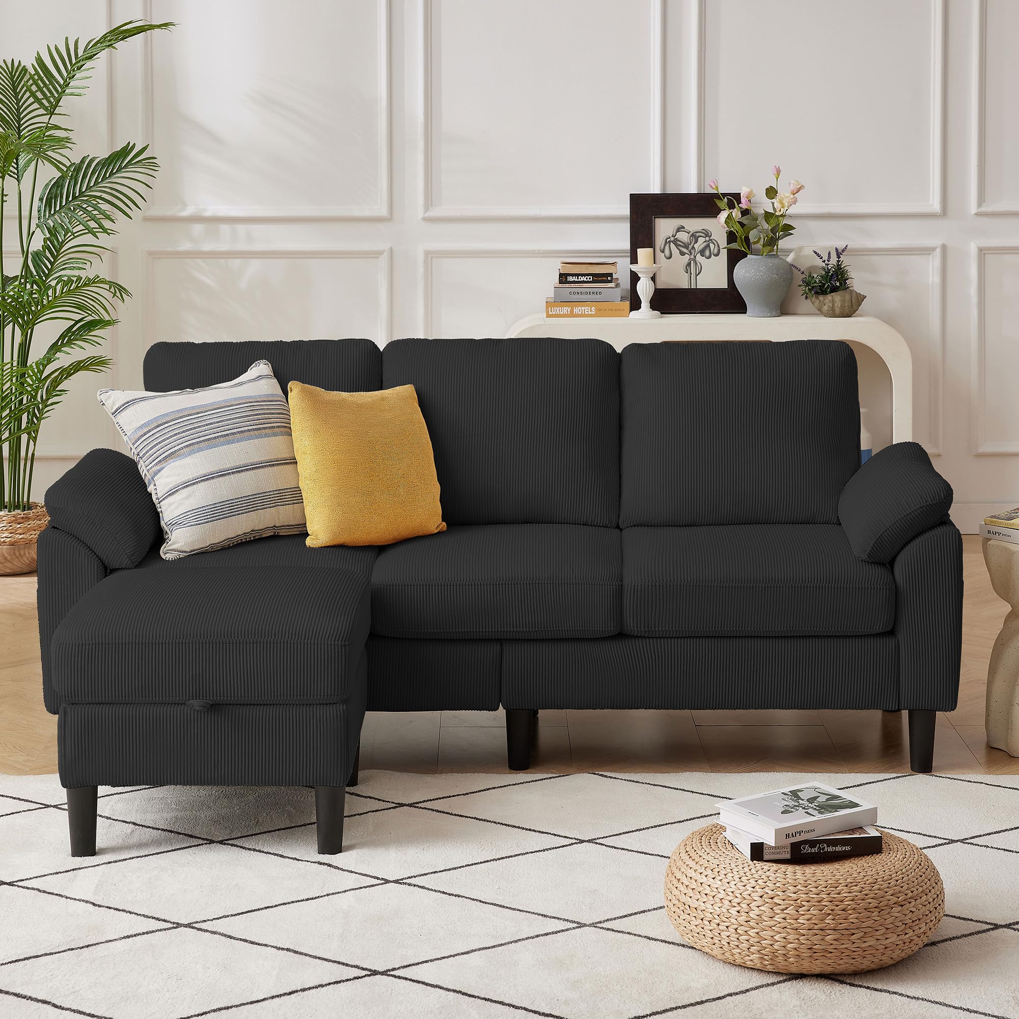 80''L Shaped Sectional Sofa Couch, 3 Seater Corduroy Sofa with Storage Ottoman, Removable &amp; Washable Cushion Covers, Side Pockets, Modern L Couch for Living Room, Black