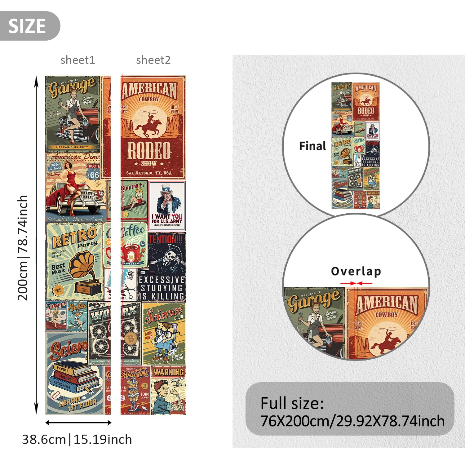 Alwayspon Selbstklebende Türaufkleber, Retro-Vintage-Poster, Vinyl, abziehen und aufkleben, wasserdicht, abnehmbar, für Schlafzimmer, Zuhause, Wanddekoration, 200 x 76 cm