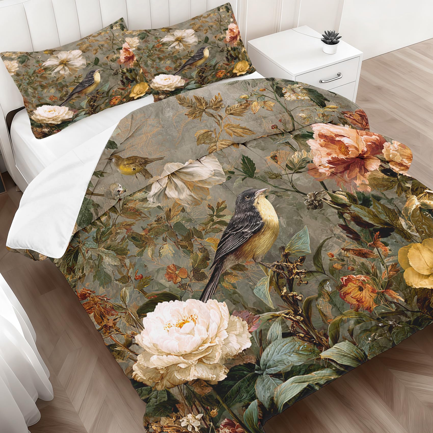 Couette été 200x220 vintage floral imprimée colibri avec ses 2 taies d'oreiller assorties