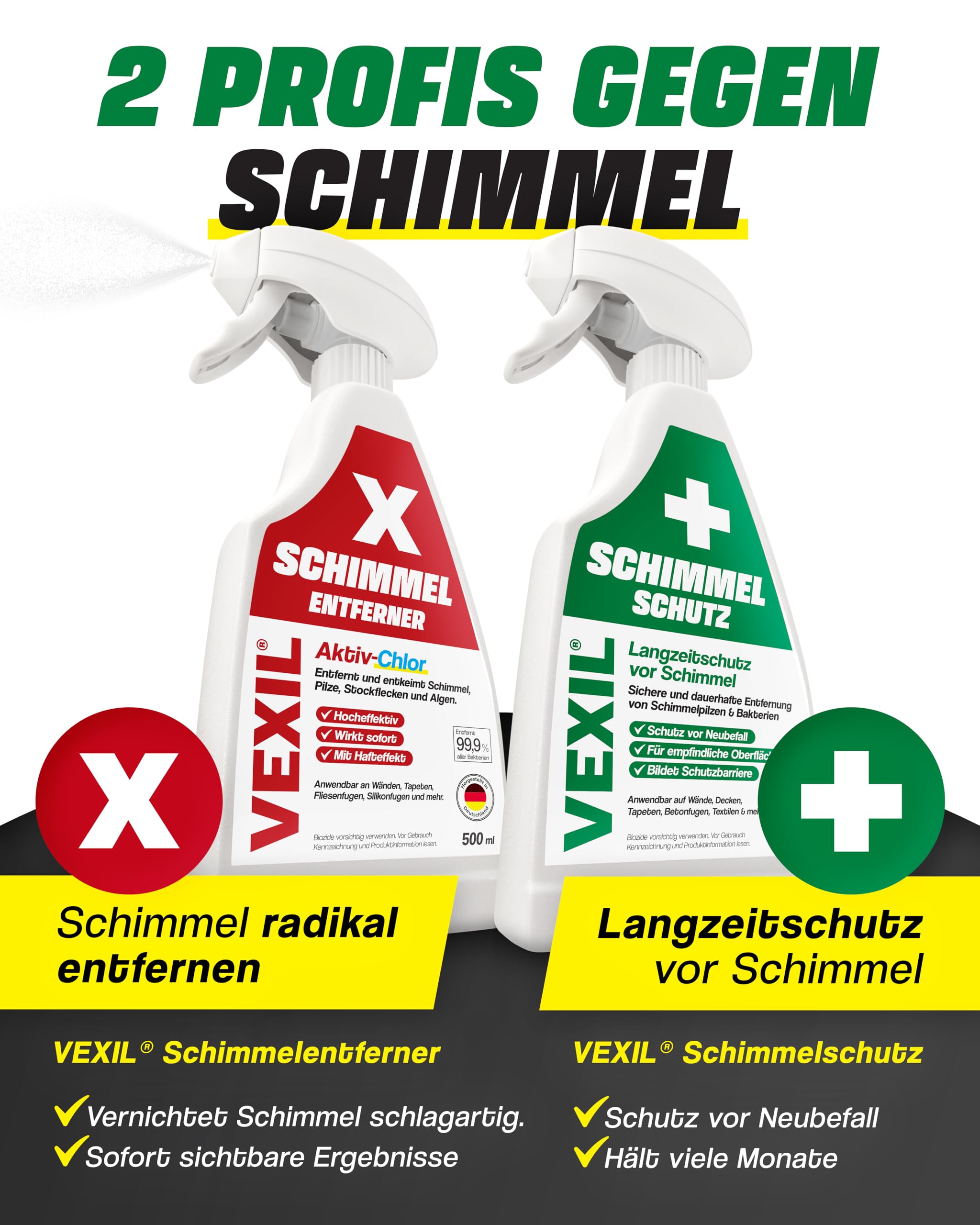 VEXIL Schimmelbekämpfung Duo – Schimmelentferner mit AKTIV-CHLOR + Schimmelschutz Spray – Schimmel entfernen & Neubefall verhindern – Bis zu 18 Monate Langzeitschutz – 2x 500 ml – Made in Germany