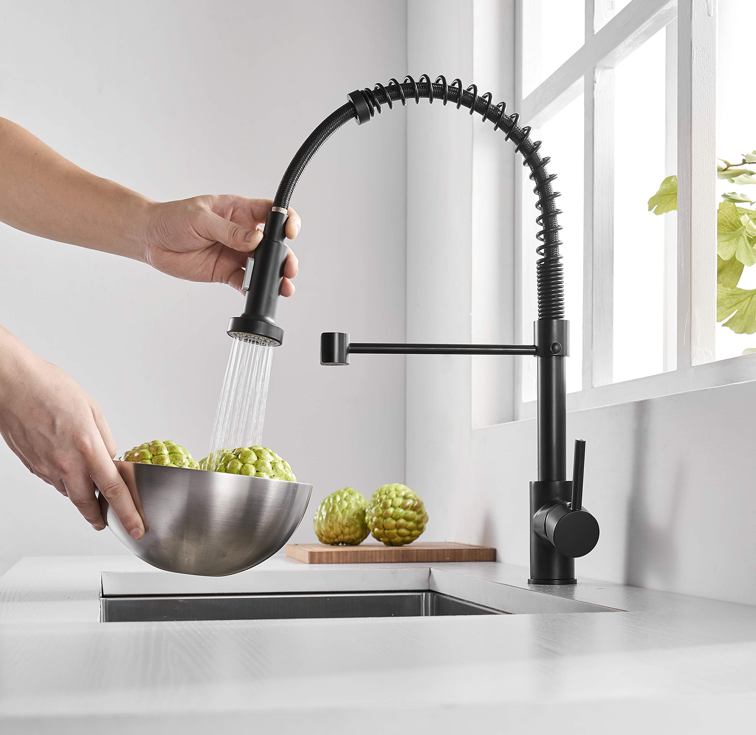Robinet Cuisine Noir Douchette Rabattable - Mitigeur Cuisine Pivotant à 360° - Robinet d' Évier de Cuisine à Arc Élevé Pulvérisateur Escamotable 2 Modes de Pulvérisation