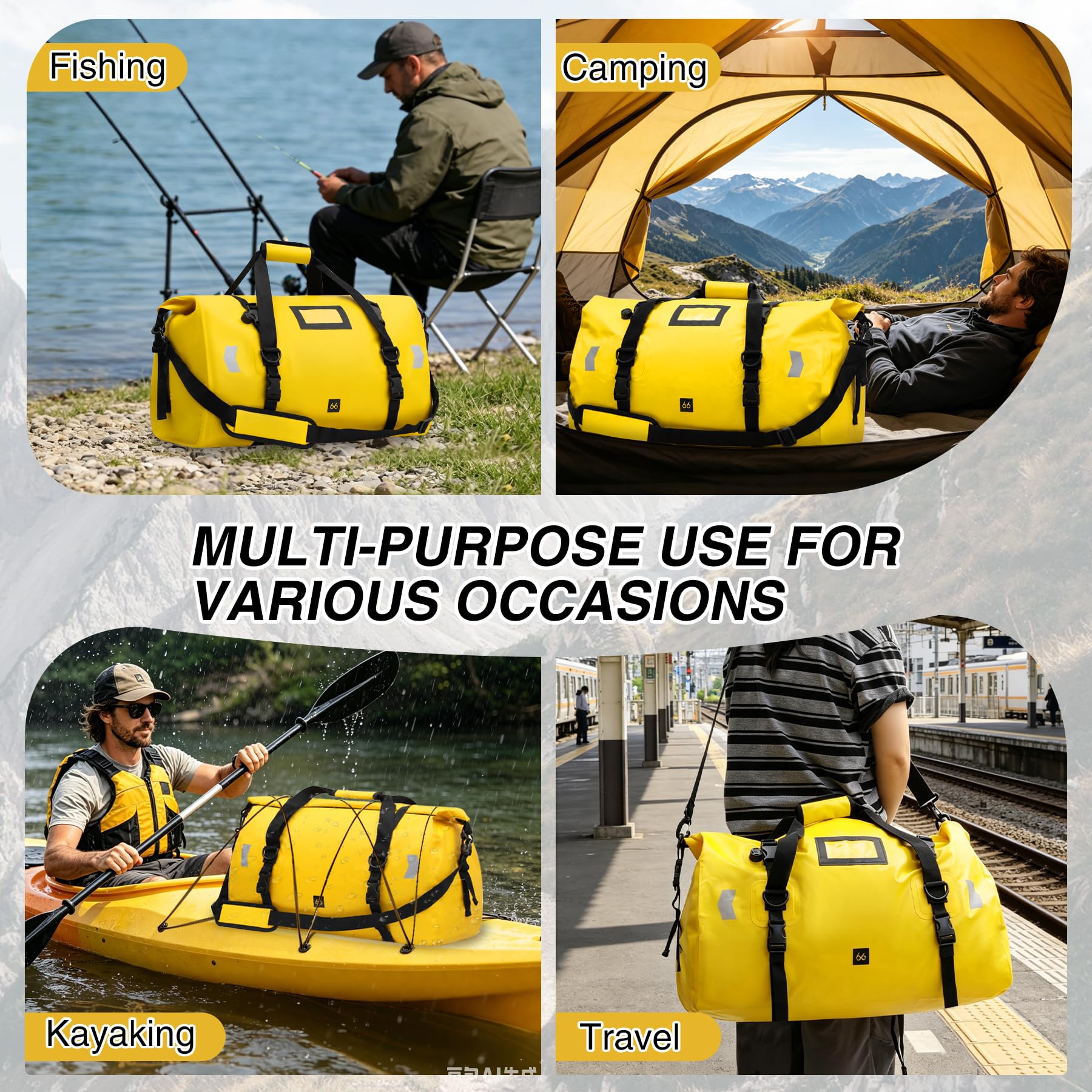 REDCAMP wasserdichte Reisetasche 66L, Rolltop, 500D PVC, Motorradtasche | Dry Bag mit Rollverschluss, abnehmbaren Schultergurten & Reflexstreifen, ideal für Motorrad Boot Camping Angeln Wassersport