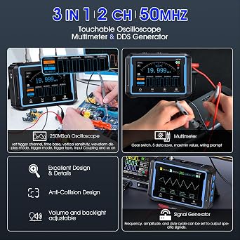 3 in 1 Handheld Oscilloscope/DDS Signal Generator/19999 Counts Multimeter, 2CH Portable Oscilloscope with 4.3 inch Touch Screen, 50Mhz Bandwidth, 250MS/s Sampling Rate, Auto/Nomal/Single Trigger