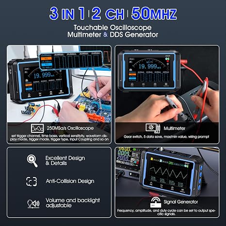 3 in 1 Handheld Oscilloscope/DDS Signal Generator/19999 Counts Multimeter, 2CH Portable Oscilloscope with 4.3 inch Touch Screen, 50Mhz Bandwidth, 250MS/s Sampling Rate, Auto/Nomal/Single Trigger