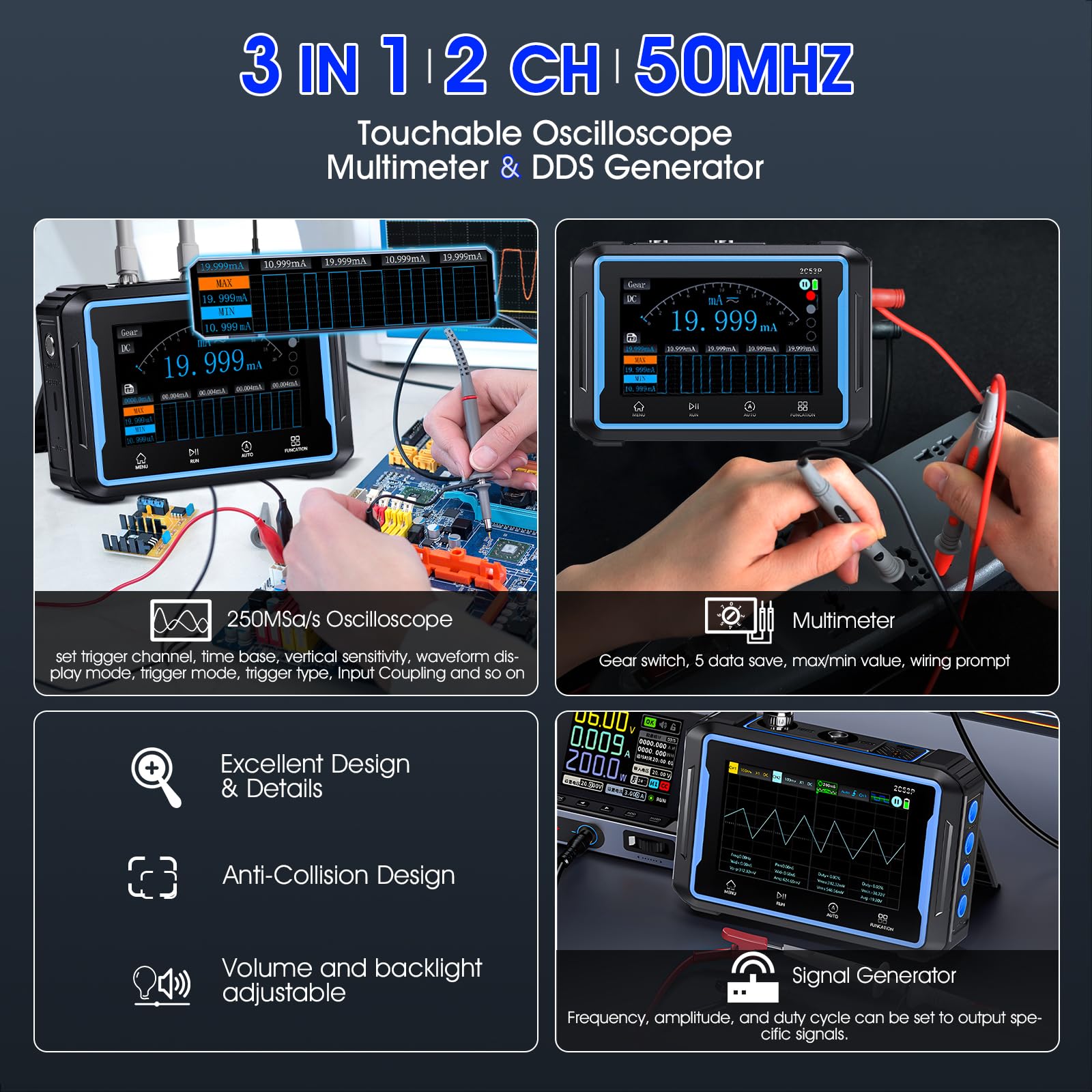 Osciloscopio manual multímetro generador de señal 3 en 1, 2 canales 50 MHz ancho de banda 250 MSa/s, osciloscopio digital portátil, 19999 multímetro con pantalla táctil de 4,3 pulgadas