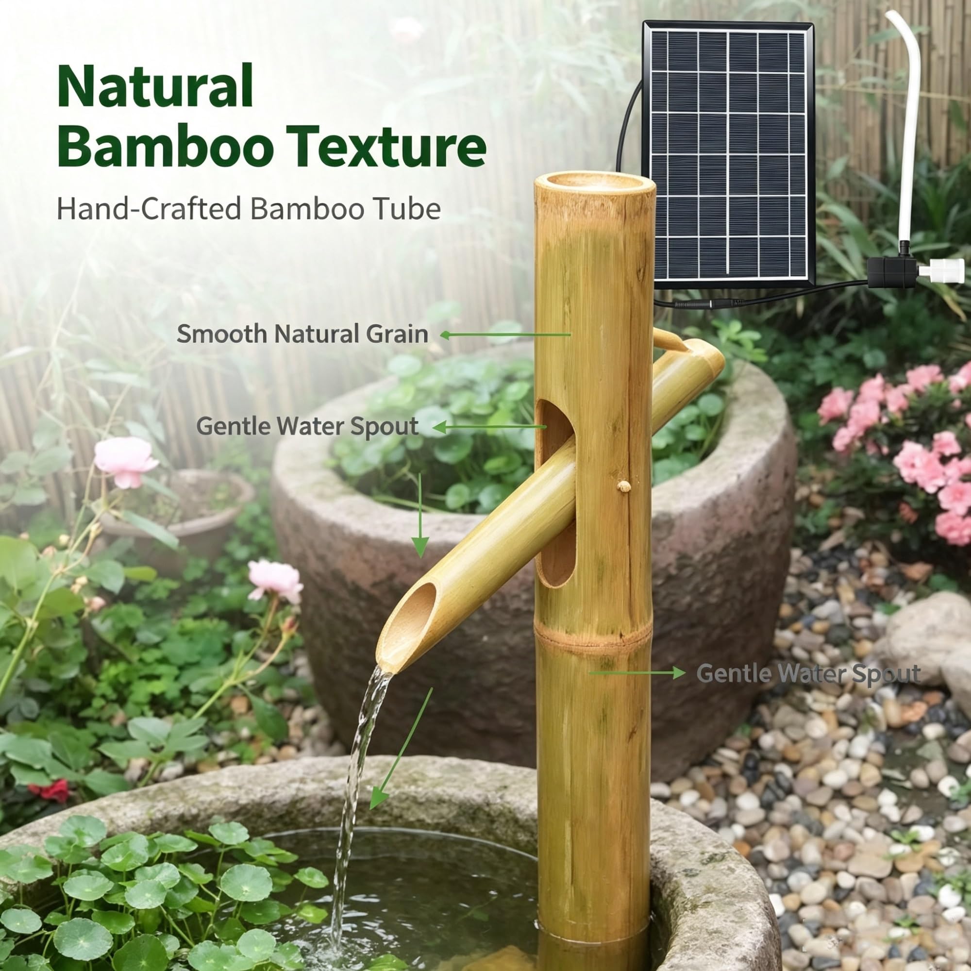 Fontana a bilanciere tradizionale giapponese, kit fontana solare in bambù | Con pompa 'acqua solare, fontana Zen da esterno for giardino, patio o cortile