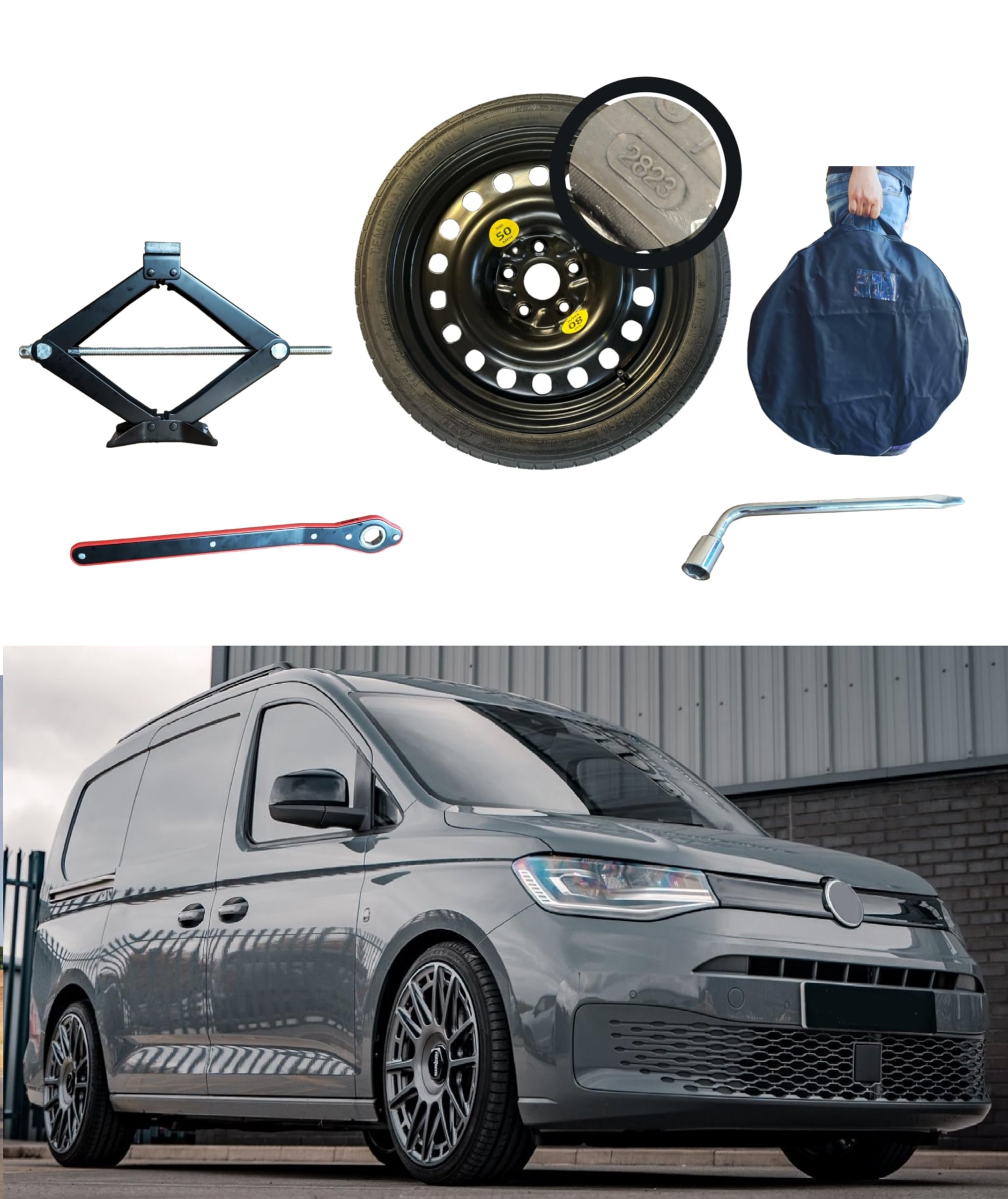 Kit Ruotino di Scorta 16" compatibile con Volkswagen Caddy/Caddy Life con Cric, Chiave, Guanti e Sacca