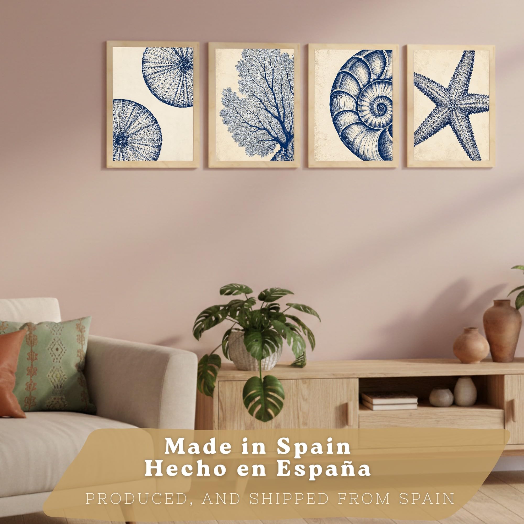 Nacnic Set de 4 Azul Costero con Coral, Nautilus y Estrella de Mar | Set de 4 cuadros con láminas artísticas - Tamaño A3 (29,7 x 42 cm) con marcos madera clara incluidos