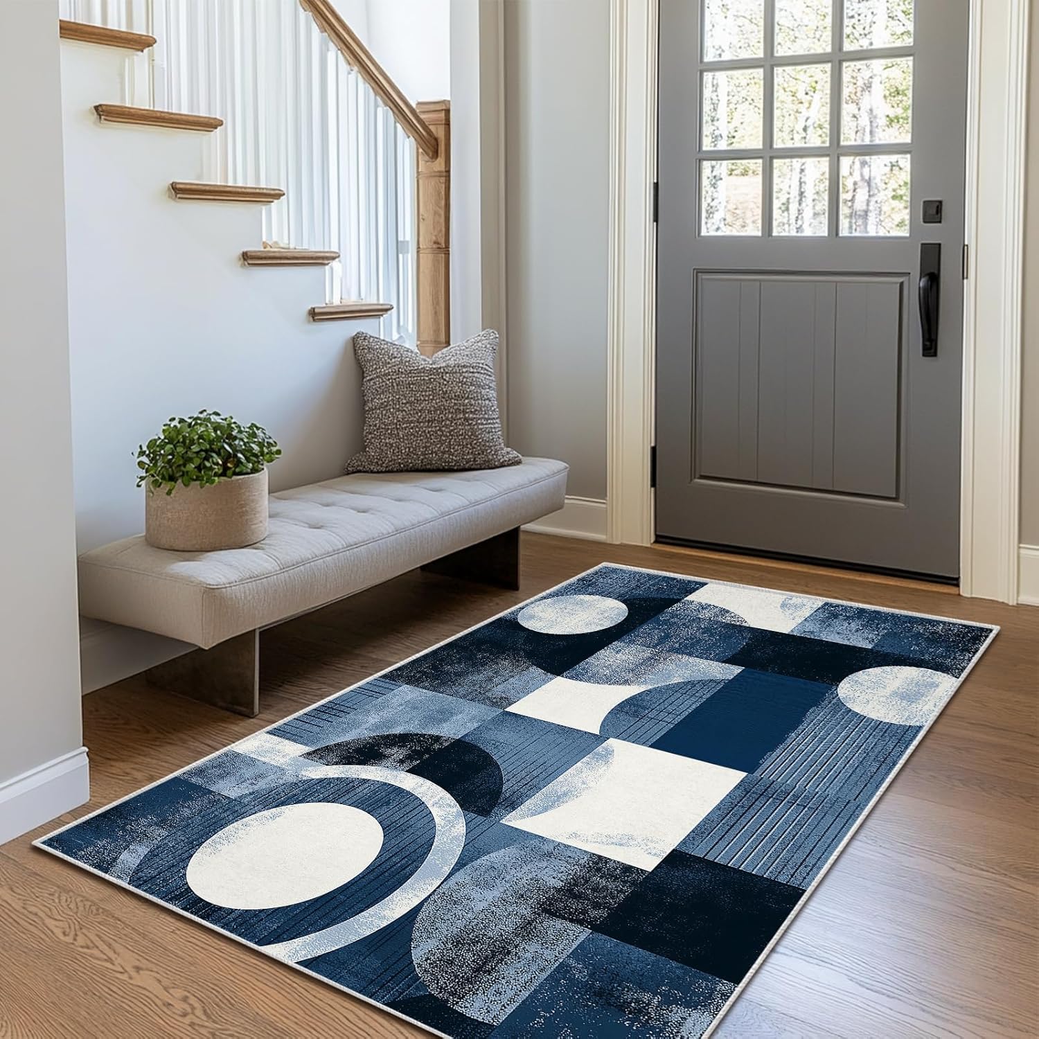 Boho Area Rug for Living Room Abstract Geometric 3x5 Entryway Rug Modern Blue Circles Rugs Non Slip Low Pile Machine Washable Floor Carpet for Indoor Bedroom Kitchen Dining Room Office