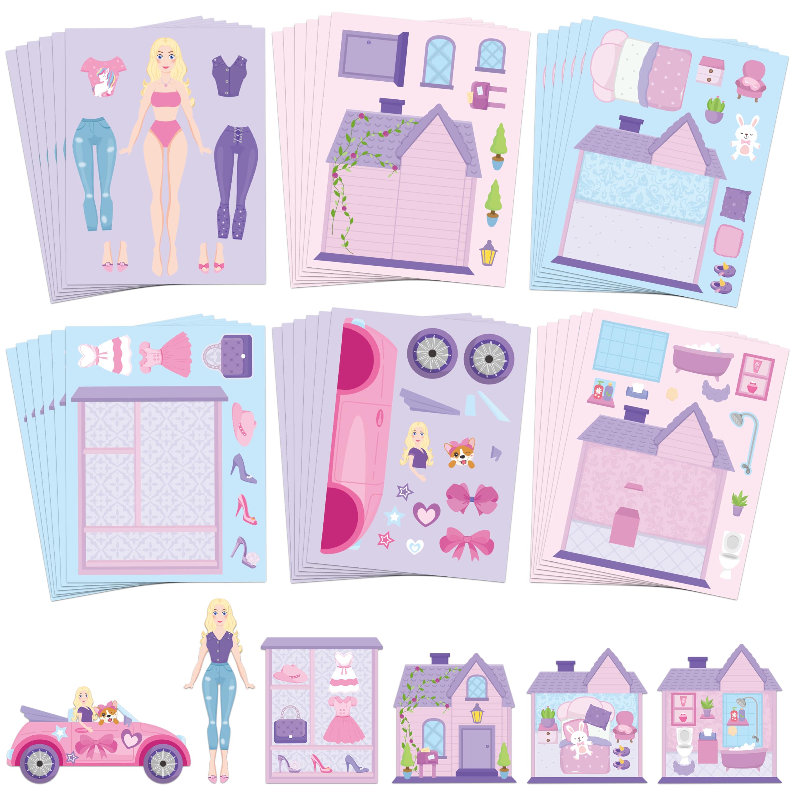 CY2SIDE 36PCS Make Your Own Doll Dress Up Stickers Make a Face Sticker Game for Kids Princess House Removable Sticker for School Reward Pink Doll Dress Up Party Favor for Girls Birthday Party Supplies