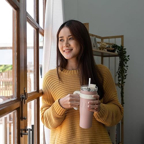 Miniatura 7 de Vaso de 40 onzas con asa y popote, vaso de acero inoxidable a prueba de fugas, taza de viaje aislada al vacío para bebidas calientes y frías, rosa