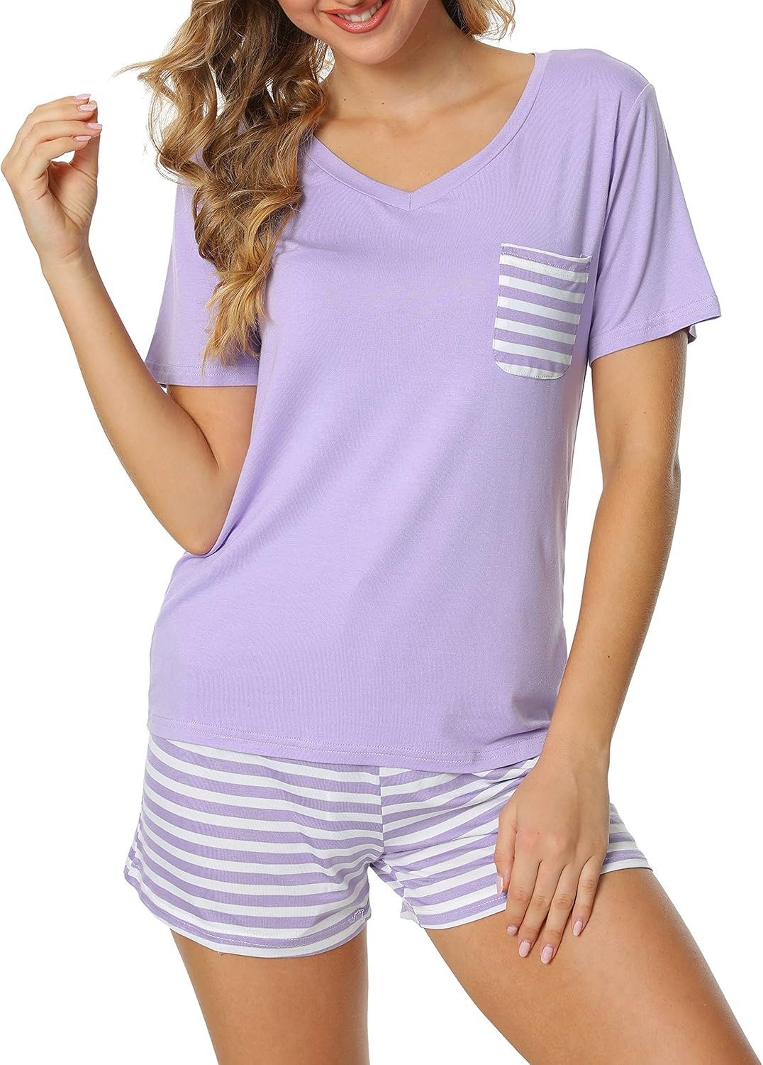 Women Nightwear Short Sleeve Shirt and Shorts Pajama Set V Neck Sleepwear - Image 9