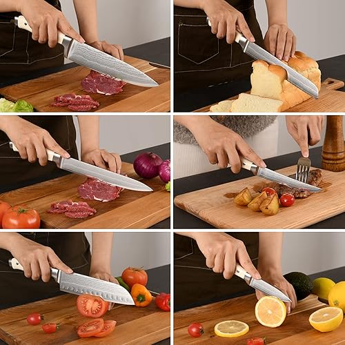 Miniatura 5 de Damasco - Juego de cuchillos de cocina de 14 piezas con bloque, mango ergonómico ABS blanco para juego de cuchillos de chef y cuchillos de carne