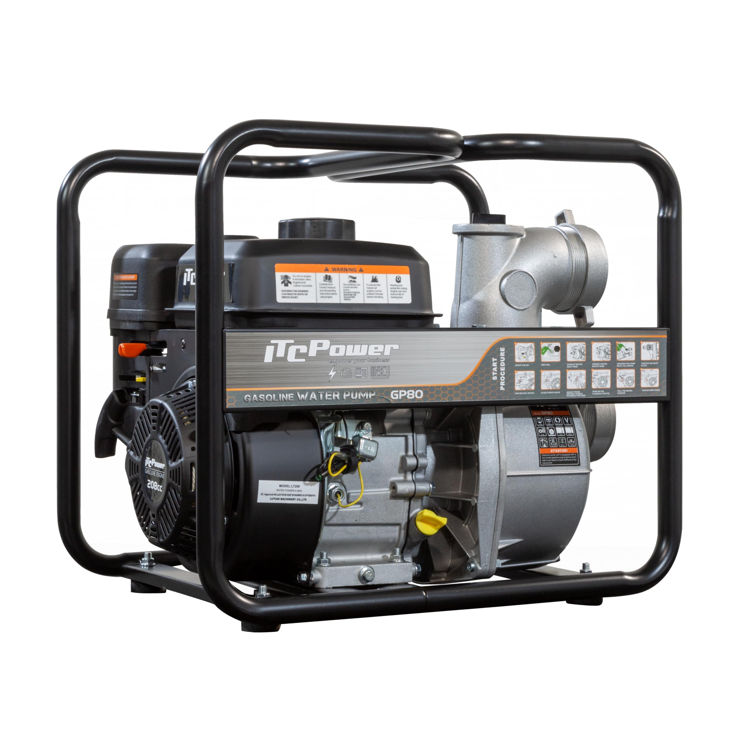 ITCPOWER Motobomba Gasolina 4780W Caudal 60 m³/h para Agua Limpia - Bomba Agua 1000 L/min con Altura 30 m - Ligera con Sello Mecánico Resistente - Cuerpo Inyección Aluminio y Paso 9 mm