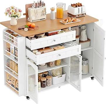 FirFurd Freestanding Kitchen Island on Wheels with Drop Leaf and Spice Rack | Rolling Kitchen Storage Trolley with Large Worktop, Utility Cart with Towel Rail for Small Kitchen 132Wx40-60Dx97.5Hcm