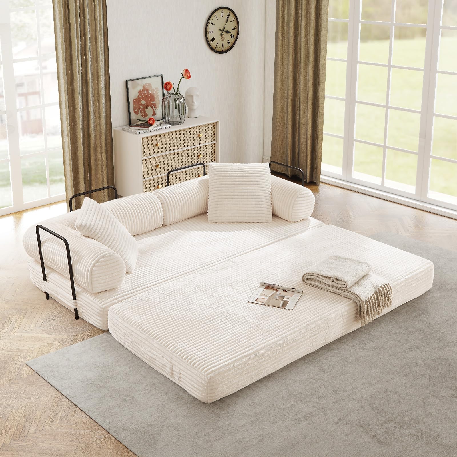 Antetek Modular Couch Bed Convertible Folding Plush Corduroy Comfy Floor Compression Loveseat Sleeper Sofa Couch King Size Bed