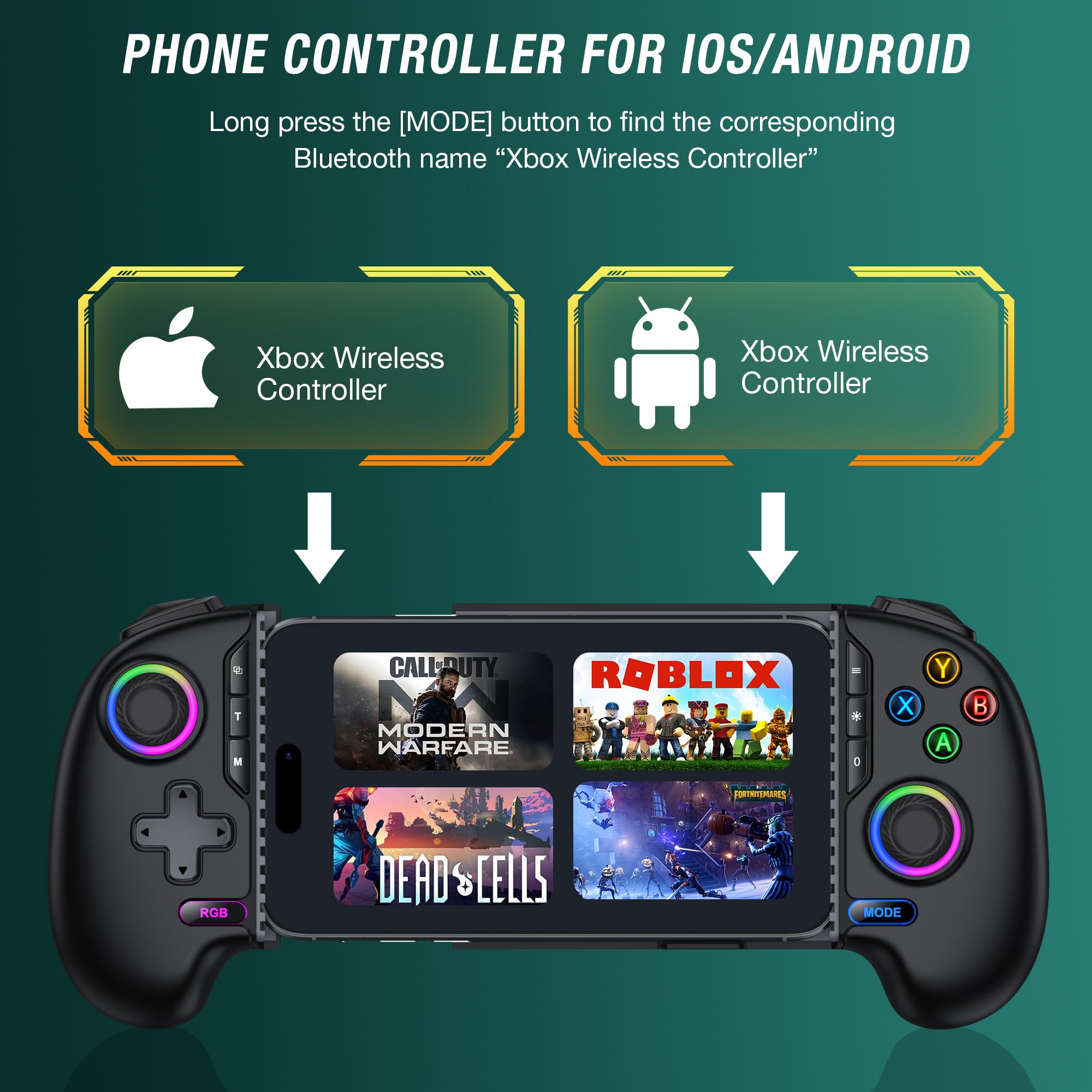 Controller da gioco mobile per iPhone e Android, controller per telefono per Xbox/Steam/GeForce Now/MFi Apple Arcade/Roblox/Minecraft, controller wireless per giochi telefonici con joystick effetto