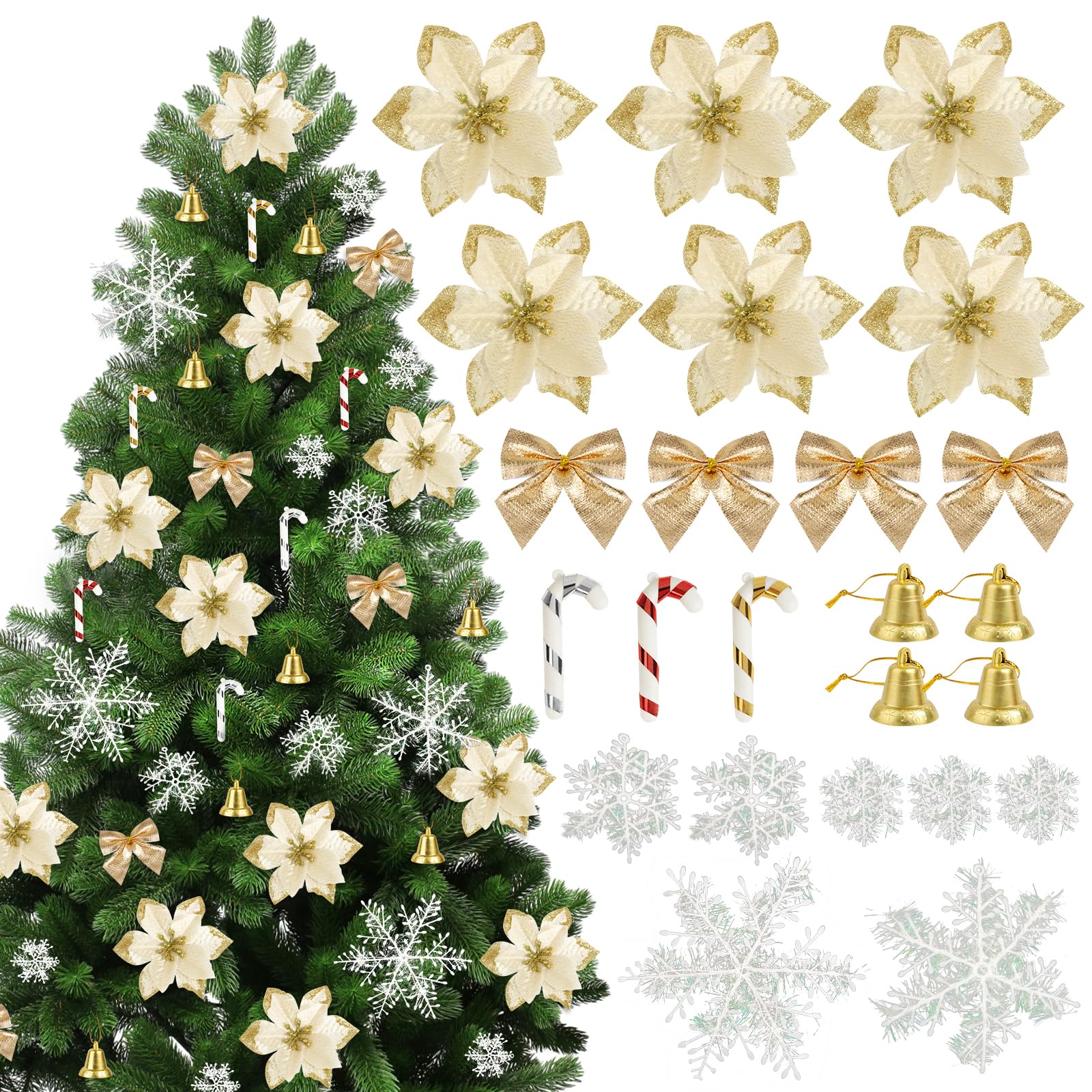 BOFUNX 120pcs Adornos para Árbol de Navidad Flores Navideñas Flores de Pascua Artificiales Lazos Campanas Copos de Nieve Adornos Navideños Decoración para Árbol Coronas Vallas de Navidad