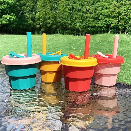 Miniatura 7 de Paquete de 2 vasos de silicona reutilizables de 14 onzas para niños con pajitas y tapas, a prueba de fugas e inastillables, sin bisfenol A (BPA)