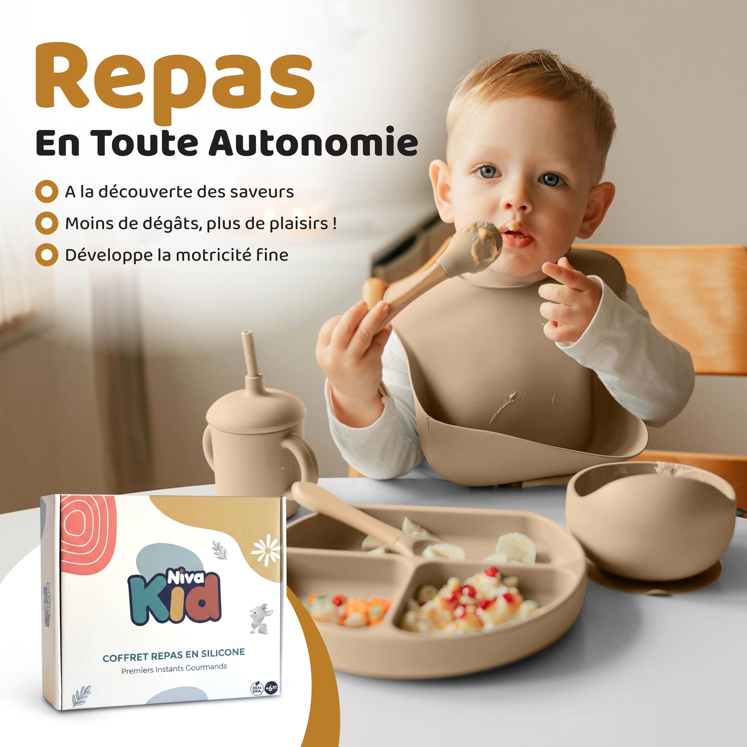 Coffret Repas Bébé Silicone Set Vaisselle 1er Âge Assiette Ventouse Cuillère Bavoir Tasse Sans BPA DME Bébé Beige