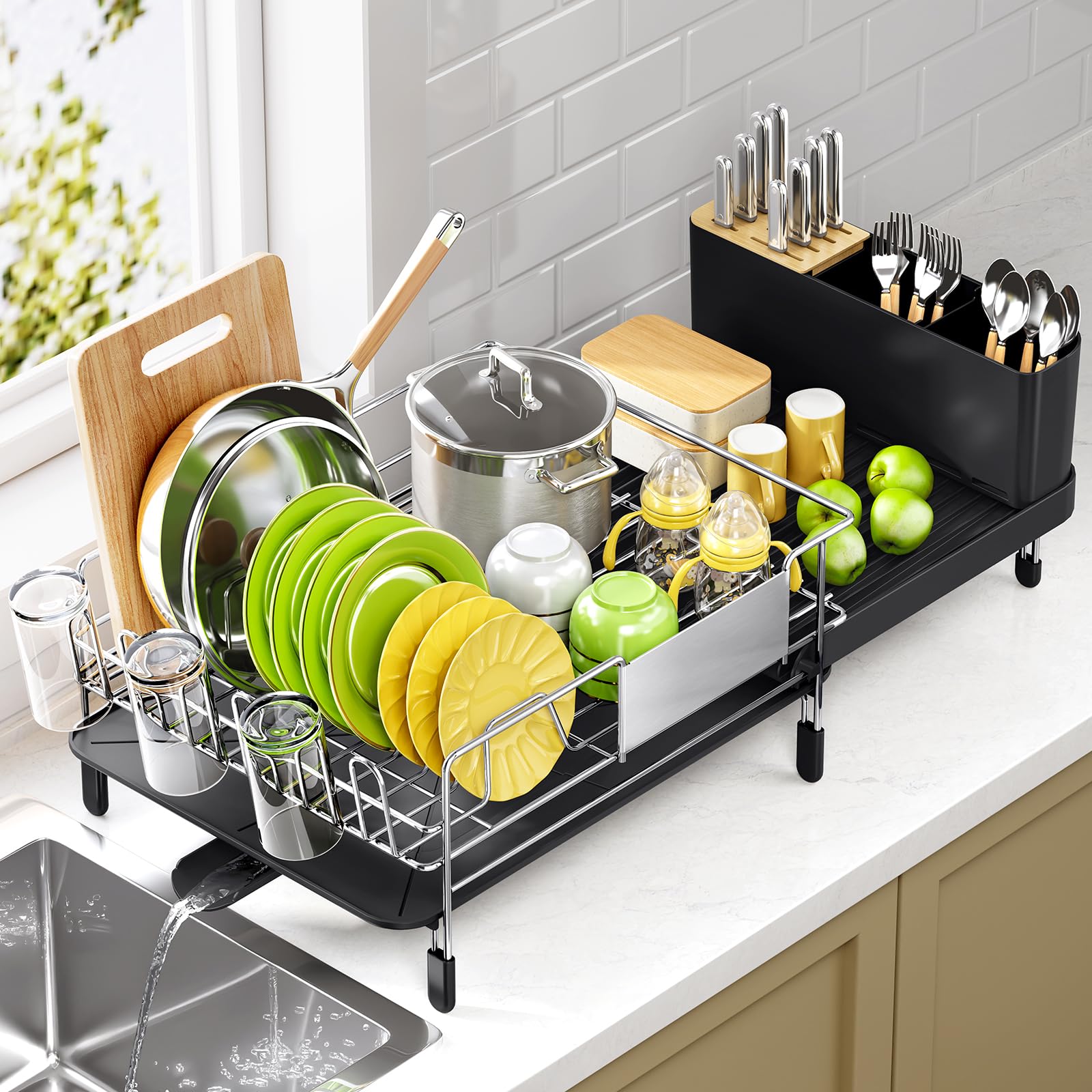 Large Dish Drying Rack - 304 Stainless Steel Dish Rack for Kitchen Counter, Extendable Dish Drainers with Cutlery & Cup Holders, Black