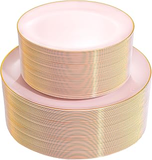 PULOTE 100PCS Pink Plastic Plates - Heavy Duty Pink Disposable Plates - Pink and Gold Plastic Plates Include 50PCS Pink Dinner Plates, 50PCS Pink Dessert Plates for Party,Wedding&Mothers Day