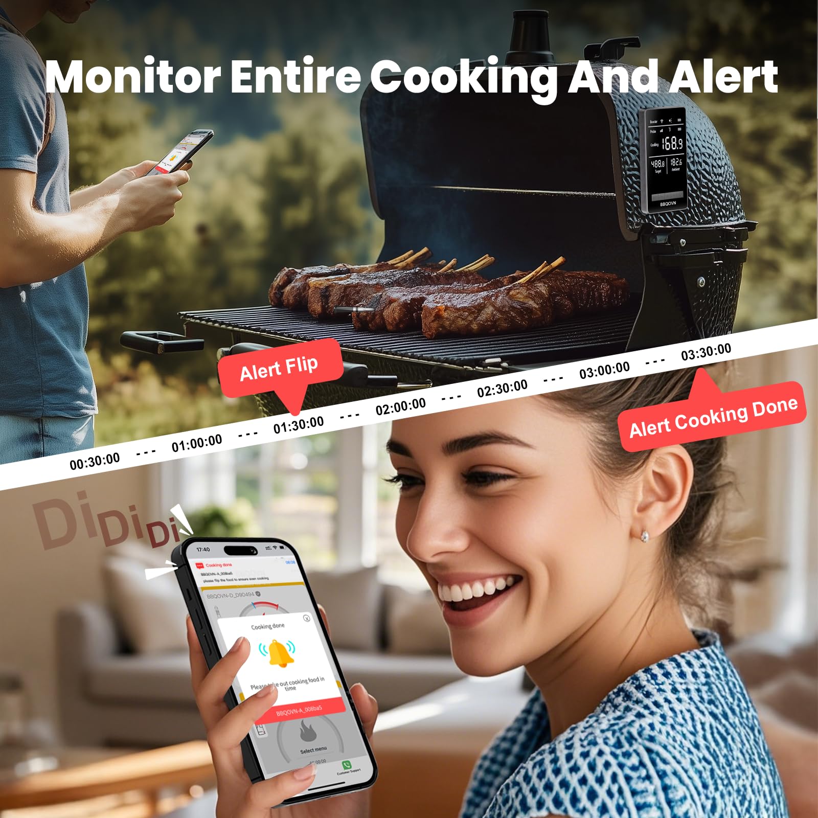 BBQOVN WLAN Bluetooth Fleischthermometer mit Unbegrenzter Reichweite, 7 NIST-zertifizierte Sensoren & Umgebungstemperatur, Kabelloses Thermometer für BBQ, Smoker, Ofen, Grill, Heißluftfritteuse