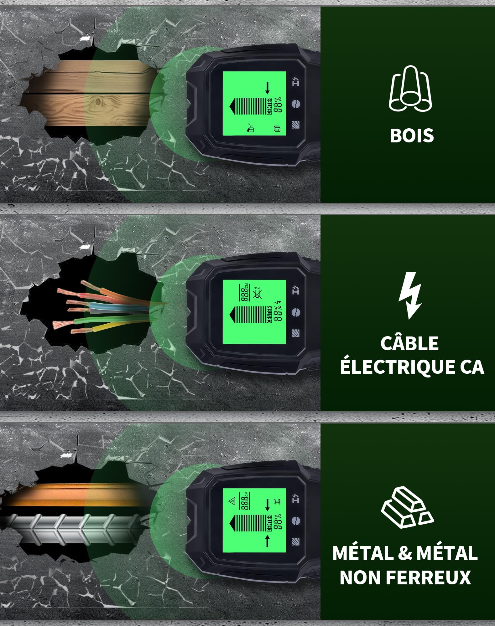 Détecteur Mural 5 en 1 – Scanner Multifonction avec Écran LCD & Alarme, Localise Métaux, Câbles Électriques, Poutres Bois, Tuyaux Métalliques