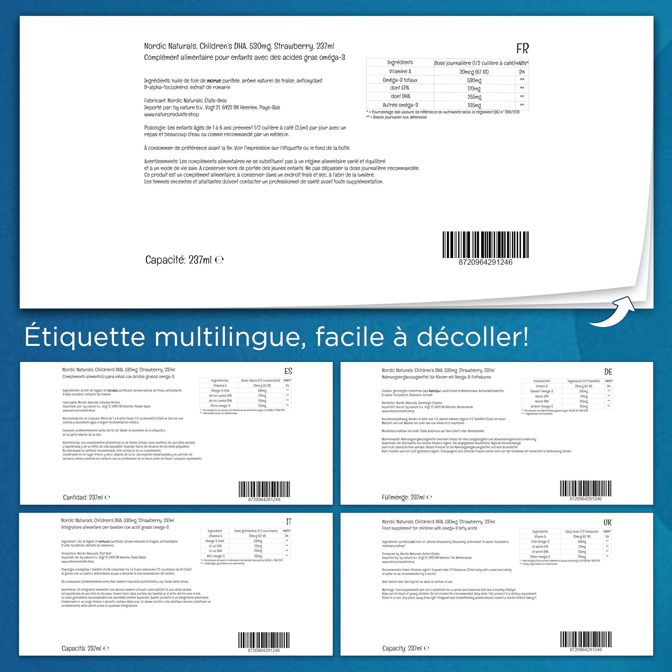 Nordic Naturals, Children's DHA, 530mg d'Oméga-3 d'Huile de Foie de Morue, Arôme Fraise, avec EPA et DHA, 237ml, Sans Soja, Sans Gluten, Sans OGM