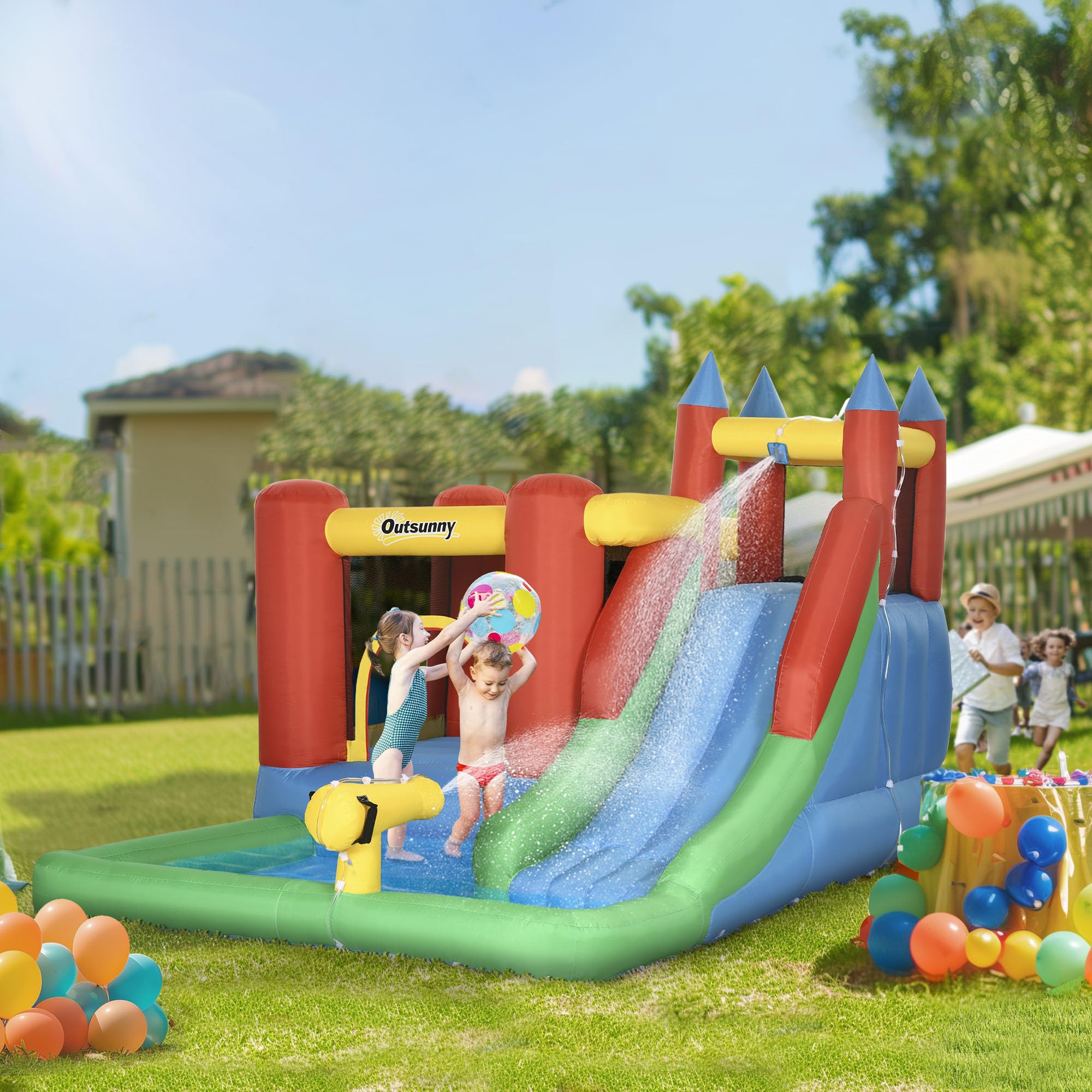 Outsunny Castillo Hinchable para Niños +3 Años 6 en 1 Castillo Inflable con Inflador Parque Acuático con Tobogán Zona de Salto Piscina y Bolsa de Transporte 330x245x215 cm Multicolor