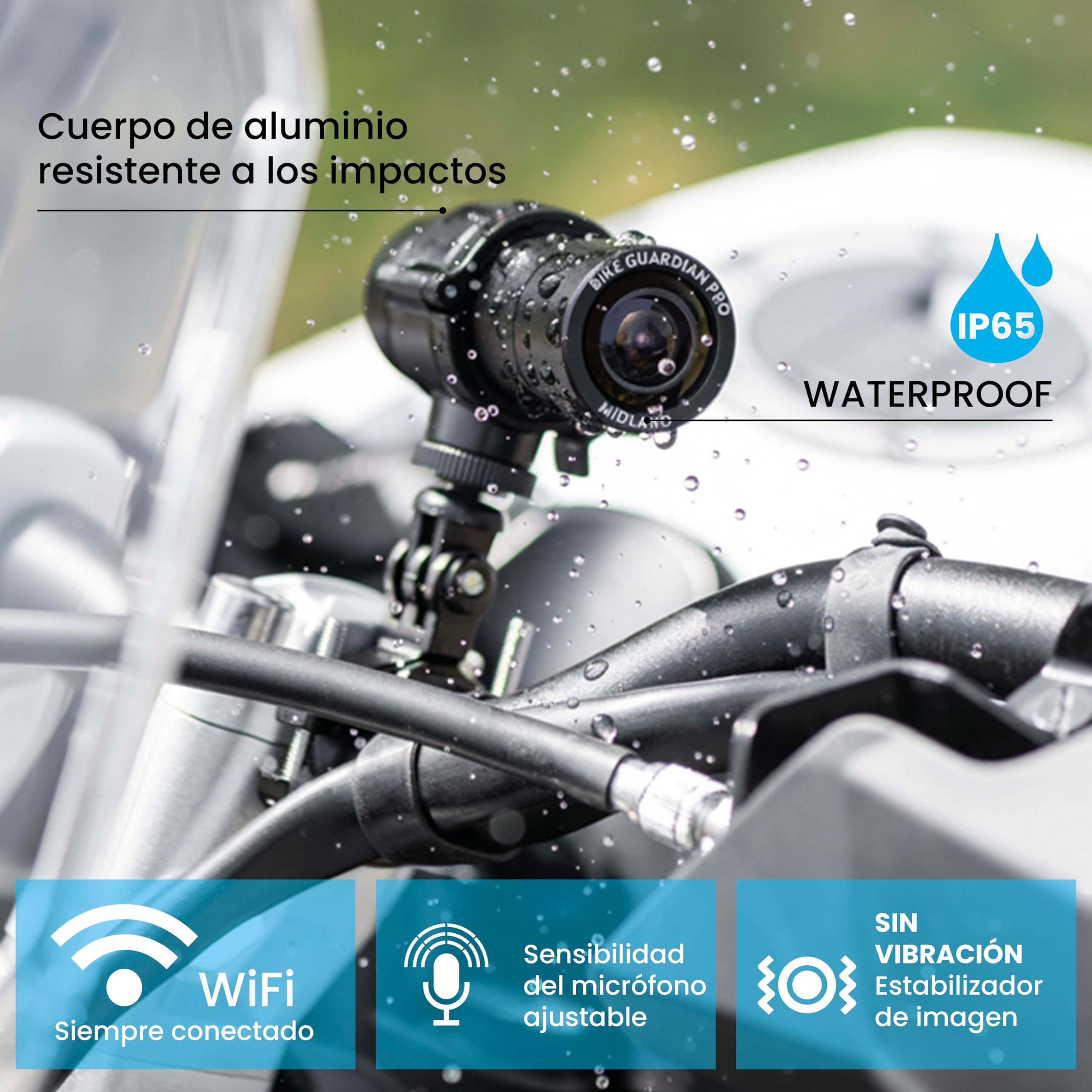Midland - Bike Guardian PRO, Dashcam y Cámara Acción Moto 2K, Cámara Coche Grabadora y Moto con Sensor Sony, Estabilización Avanzada, Impermeable IP65, Streaming en Vivo, 2H Autonomía, Accesorios Moto