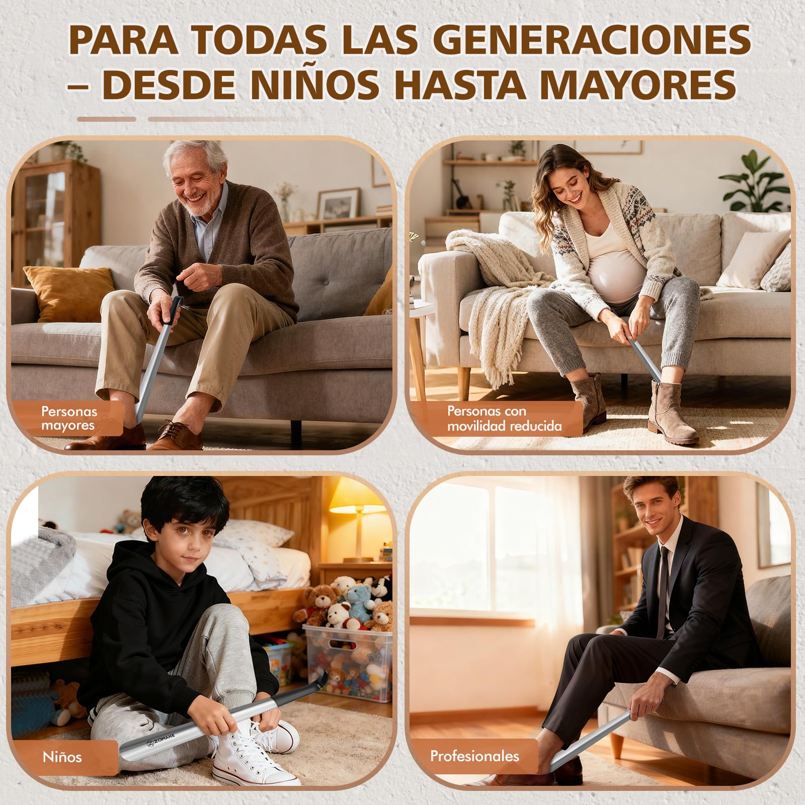 ZOMAKE Calzador de Zapatos Largo 42 cm Metálico, Set de 2, para Personas Mayores y Embarazadas